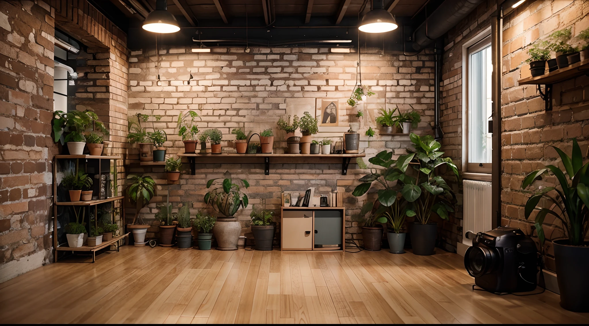A YouTube studio with camera
equipment on shelves, some plants and a light. Blender style.
Exposed brick walls complement the raw industrial aesthetic, offset by the softness of the plants and the gleaming camera egatment. Blender style, cinematic lighting. Golden hour glow, 8K, Ultra-HD,