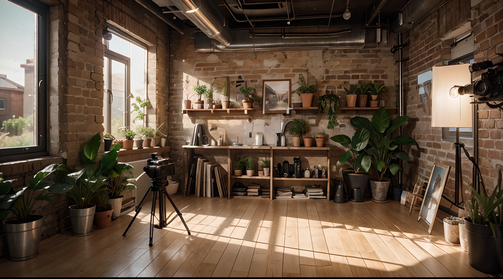 A YouTube studio with camera
equipment on shelves, some plants and a light. Blender style.
Exposed brick walls complement the raw industrial aesthetic, offset by the softness of the plants and the gleaming camera egatment. Blender style, cinematic lighting. Golden hour glow, 8K, Ultra-HD,
