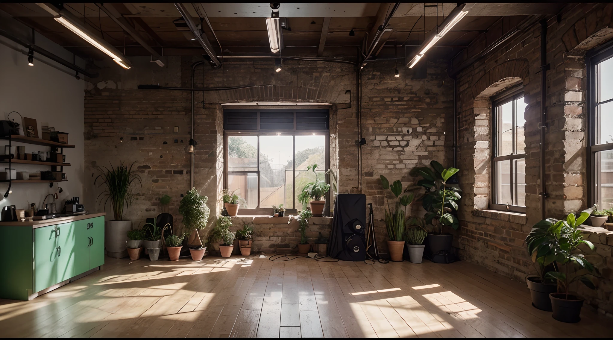 A YouTube studio with camera
equipment on shelves, some plants and a light. Blender style.
Exposed brick walls complement the raw industrial aesthetic, offset by the softness of the plants and the gleaming camera egatment. Blender style, cinematic lighting. Golden hour glow, 8K, Ultra-HD,