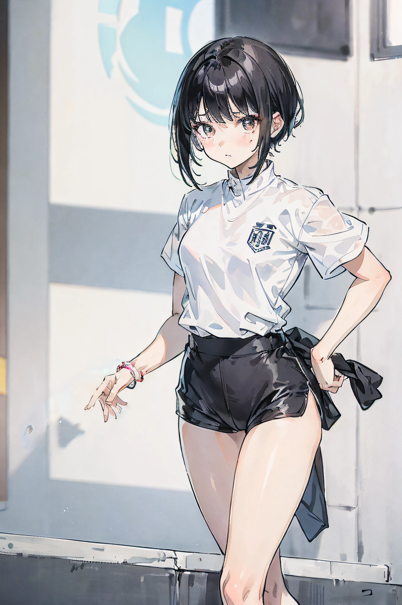 White tennis wear A very short mini skirt Black Bob Hair blush smile Model Body Type gym