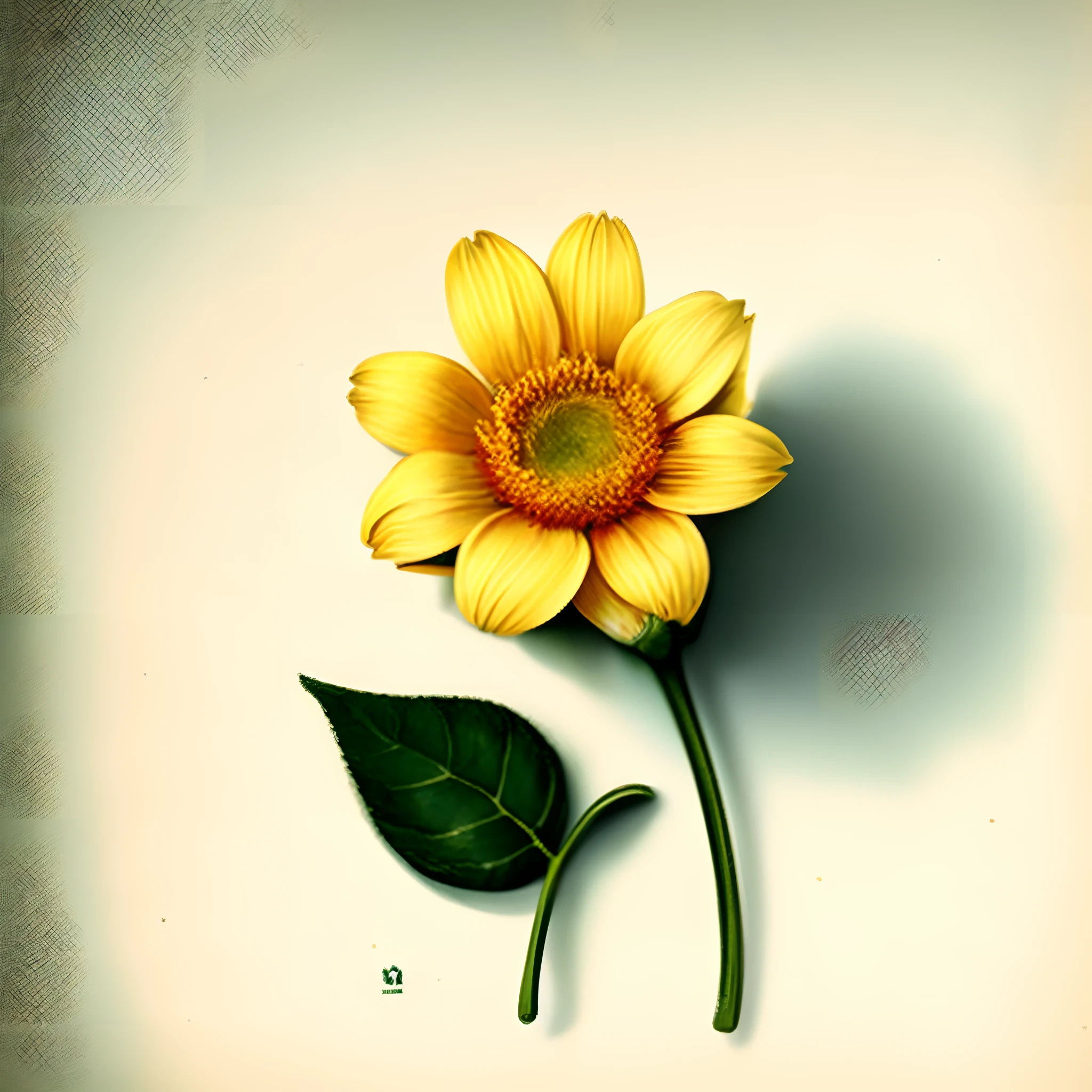 there is a yellow flower with a green leaf on a white surface, flower, sunflower, depicting a flower, beautiful flower, photorealistic illustration, botanical art, drawn with photoshop, botanical artwork, realistic illustration, botanical photo, by Lubin Baugin, daisy, yellowed, flower head, fan art, highly realistic, hyperrealistic illustration, botanic, amazing