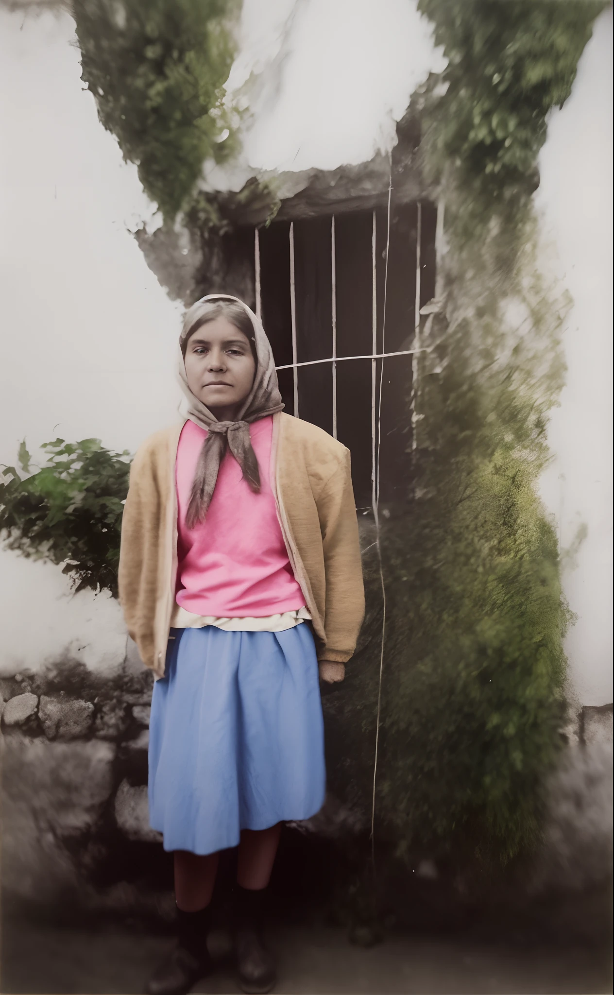 Hay una mujer parada frente a un edificio con una ventana, coloreado, hand dyeing, Una foto coloreada, foto en color, coloreado, Color restaurado, Foto coloreada, old color photograph, 4K Auto Photochrome, coloreado 1 9 0 4 foto, colorized photograph, coloreado, colored photon, Imagen en color, Foto antigua en color, Autocromo