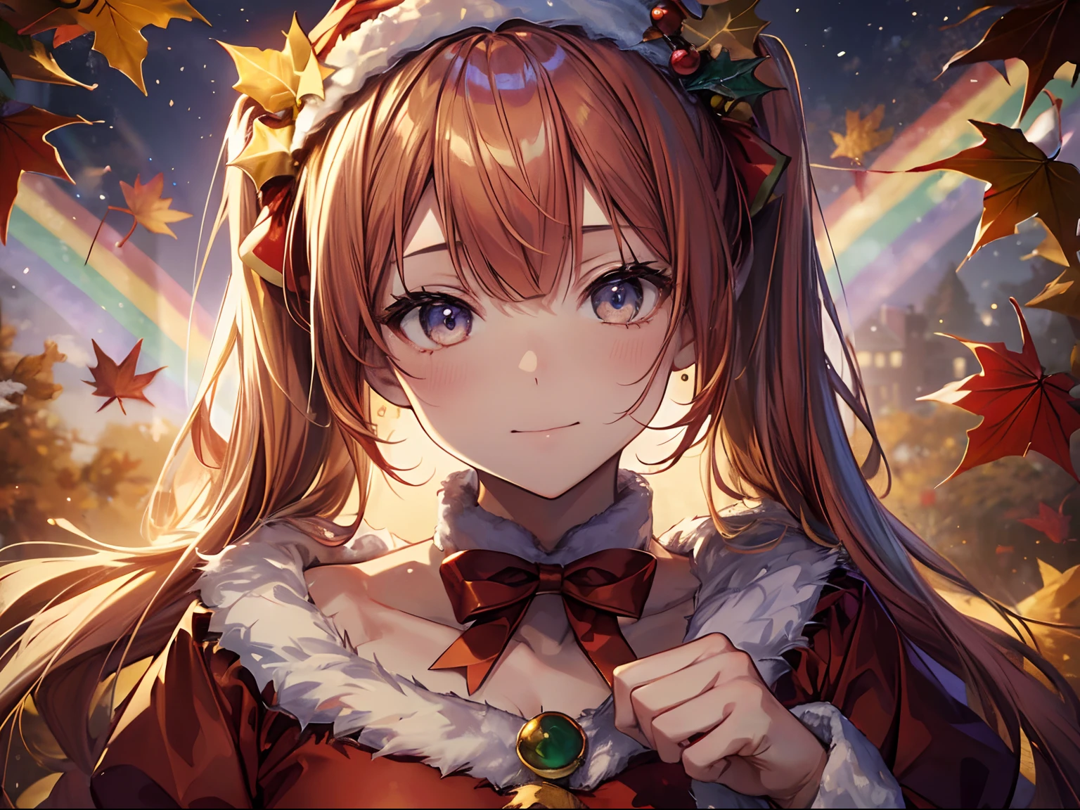(Santa Claus Costume:1.3), (Autumn leaves:1.3),(masutepiece:1.3), (8K, Photorealistic, Raw photo, Best Quality: 1.4), Beautiful face, (Realistic face), Beautiful detailed eyes, (Realistic skin), Attractive, Intricate details,Golden ratio, 1 girl,Naughty smile, (rainbow hair:1.4),((Long twintails,Ribbon 1.4)),(Blue butterfly hair ornament),Golden light、rainbows、Heaven、angelicales、Deities、Luz Divina(masutepiece:1.3), (8K, Photorealistic, Raw photo, Best Quality: 1.4), Beautiful face, (Realistic face), Beautiful detailed eyes, (Realistic skin), Attractive, Intricate details,Golden ratio, Christmas tree、Christmas and Autumn、Santa Claus in a hurry、The upper part of the body