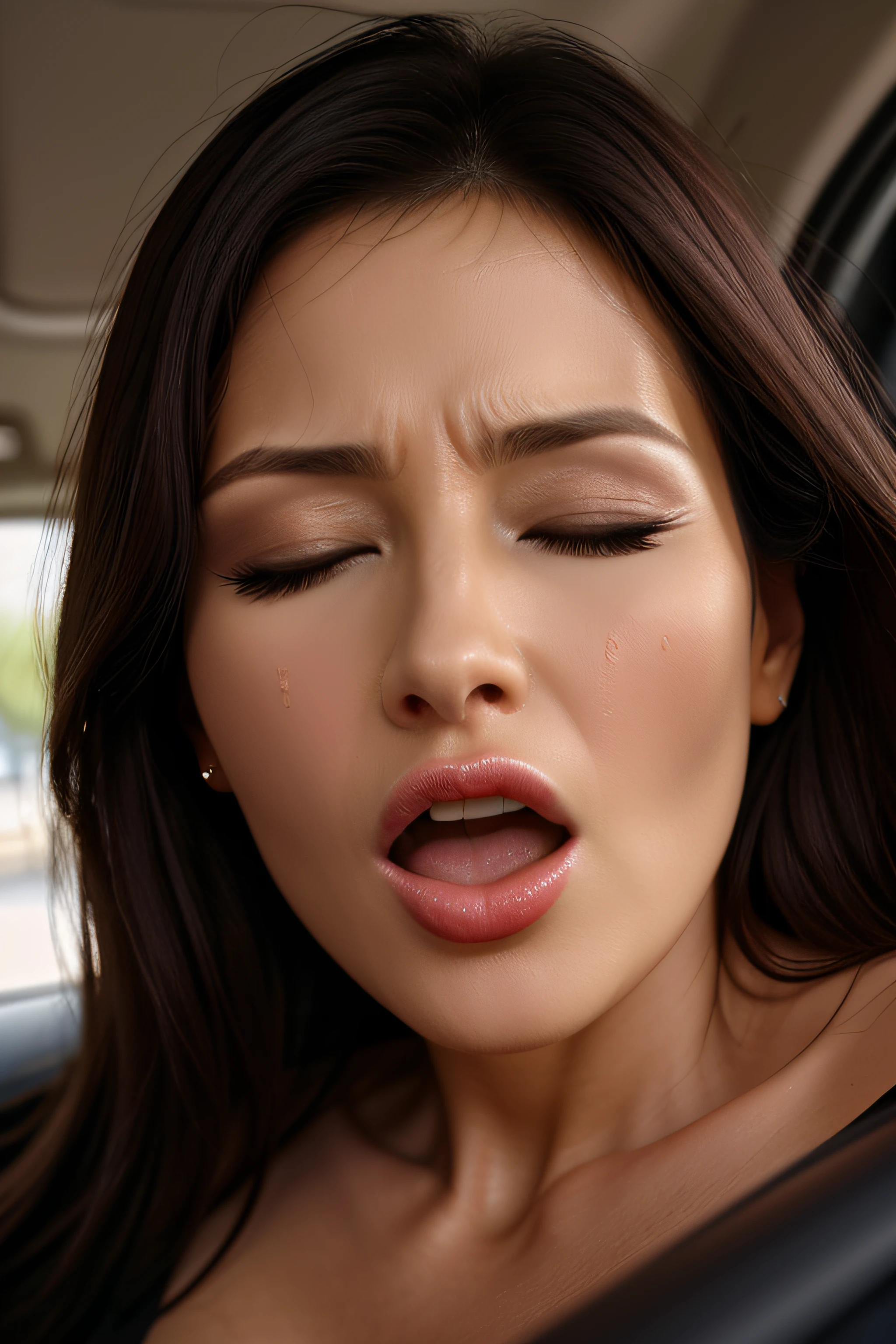 masutepiece,,award - winning photo, Extremely detailed, edgOrgasm,Face Focus, Face Close-up、Woman with mouth open and eyes closed , Woman with Edge _Face、35 year old、A dark-haired、CNN News Anchor、Glossy skin、In the car、NSFW,large full breasts、narrow and sharp nose、