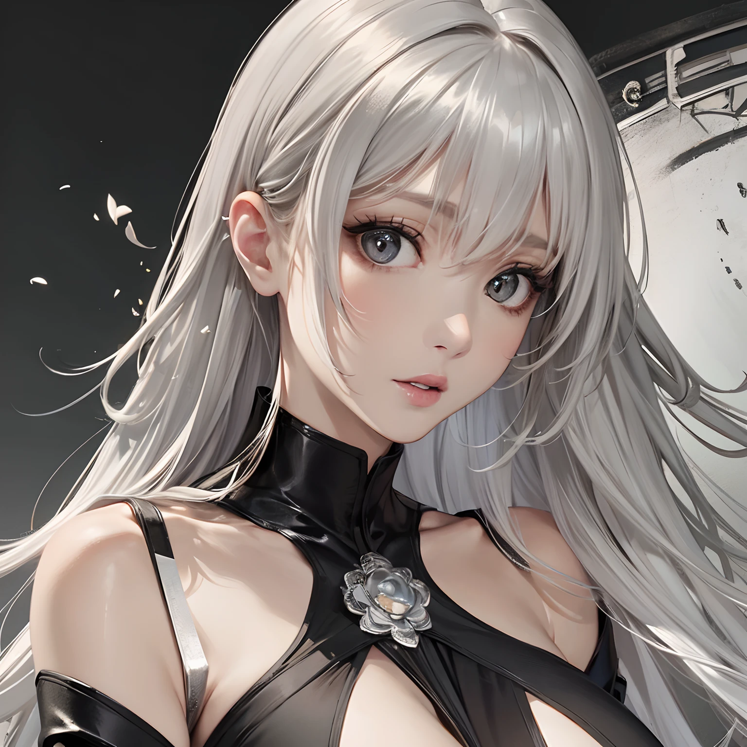 masterpiece、top-quality、hight resolution、High-quality images、8K、the detail、1lady、Monochrome grayscale、cinmatic lighting、Photorealsitic、skin gloss、Texture、Lustrous hair、Detailed eye depiction、s lips、Long silver hair、Narrow-eyed、sensually、Thicker thighs、Expressionist background、Big hourglass、low cut dress、charade