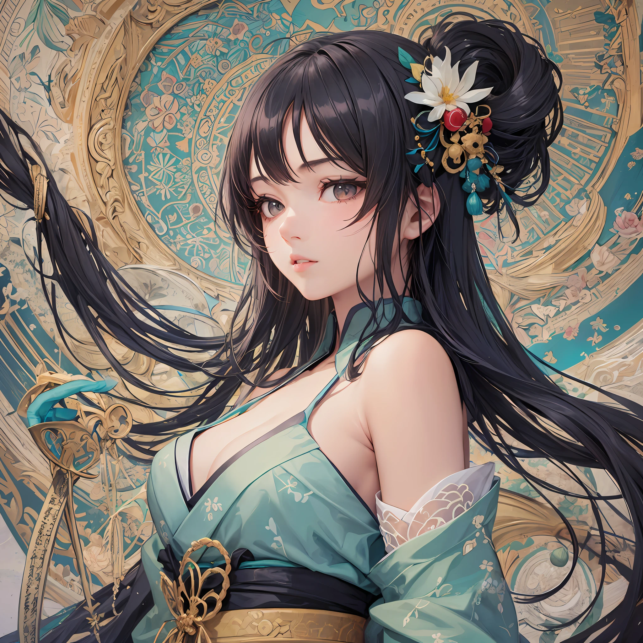 detailed skin texture, detailed cloth texture, beautifully detailed face, masterpiece, best quality, ultra detailed, 8k, intricate details, best quality, 1girl, bangs, bare_shoulders, black_hair, ancient china background, big breasts, thin, cape, cleavage, collarbone, green dress with patterns, gloves, hair_bun, hair_ornament, hair_stick, jewelry, one mole under eye, necklace, smile, solo, thighhighs, (hiqcgbody:0.5), (hiqcgface:0.5), full-body shot,
