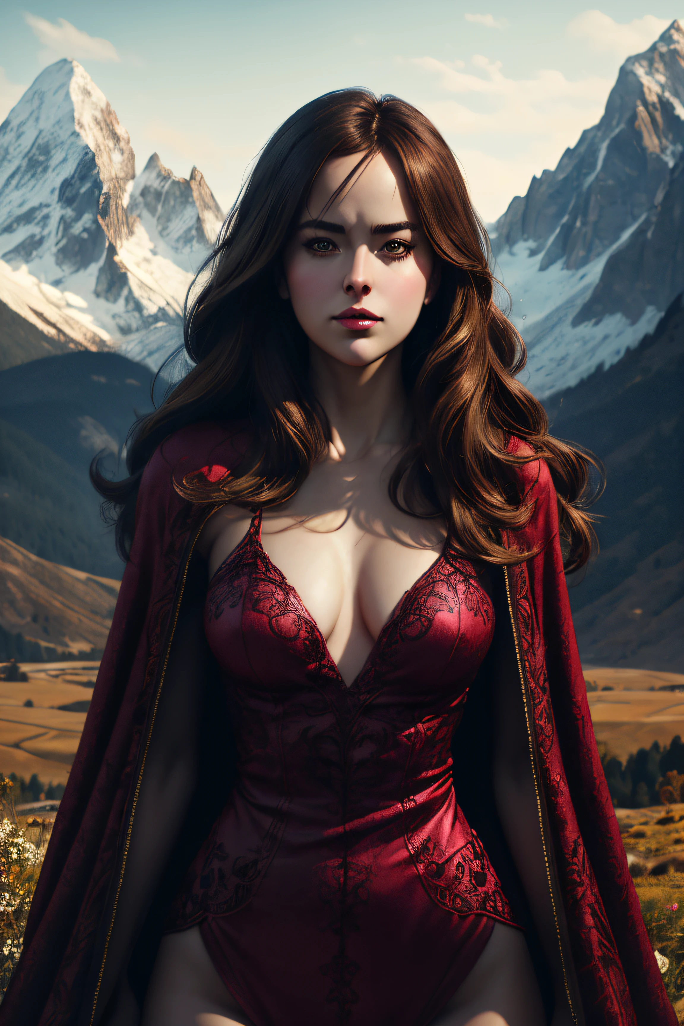 Dakota Johnson, wearingelegant sexy clothes, stand against the background of the mountains, character portrait, 4 9 9 0 s, long hair, intricate, elegant, highly detailed, digital painting, artstation, concept art, smooth, sharp focus, illustration, art by wlop, charlie bowater and alexandra fomina