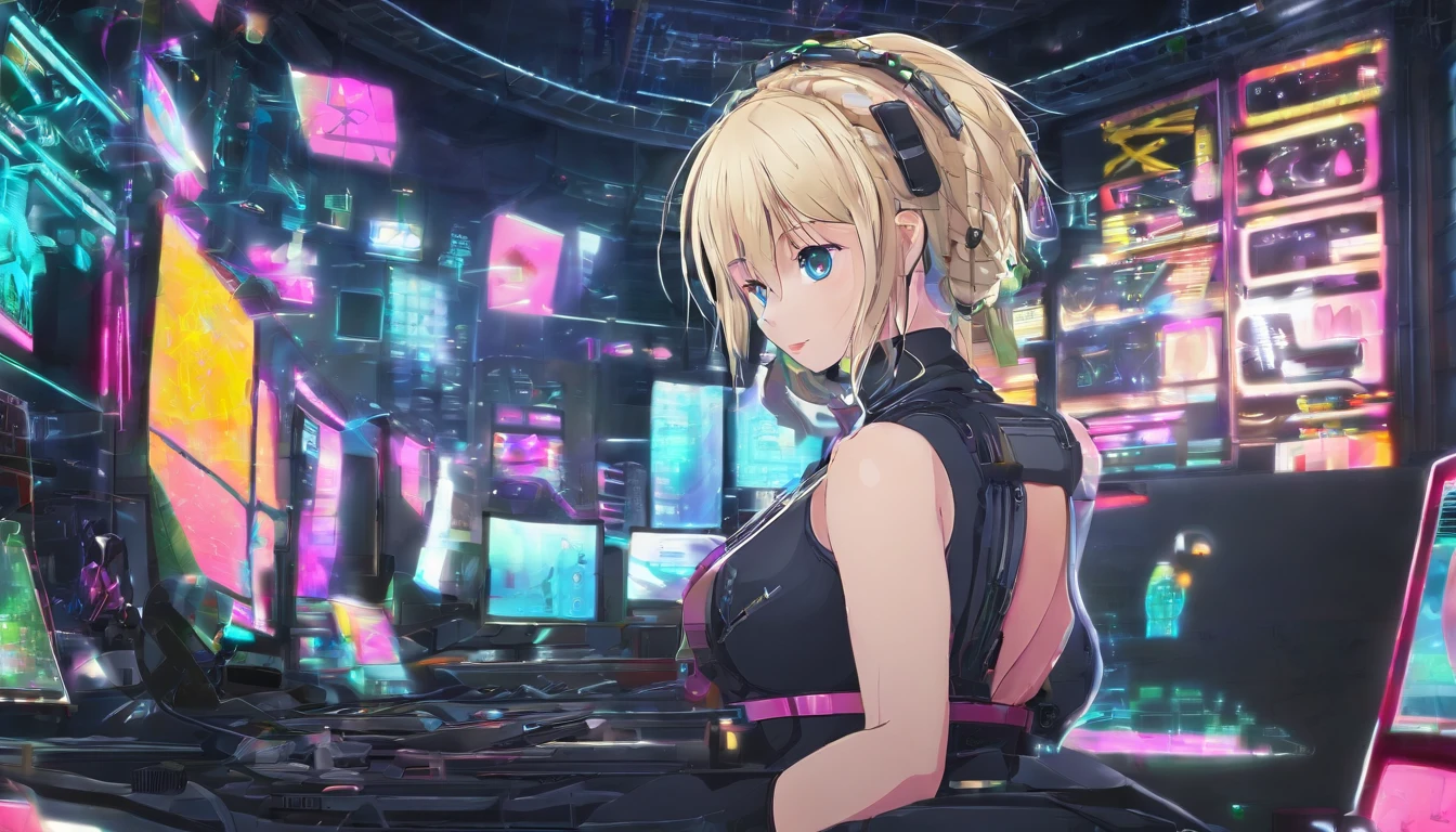 (best quality, 4k, ultra-detailed, realistic), cartoon style, cyberpunk, thick hair, digital punk, anime style, computer room, network on computer screens, curvy, blonde hair, huge breasts, ,nude, sitting on knees