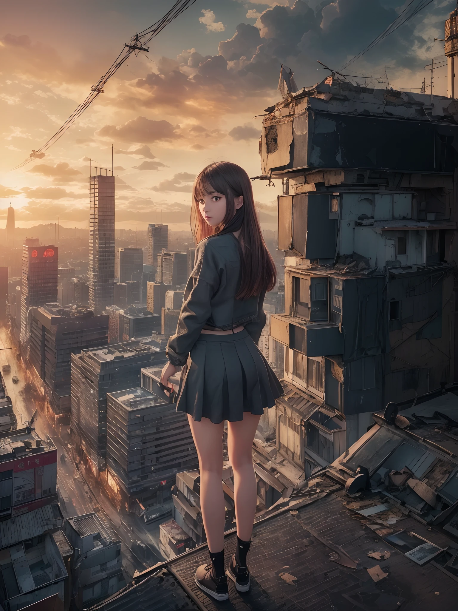 (Raw photo:1.2), (Photorealistic), Beautiful detailed girl, Very detailed eyes and face, Beautiful detailed eyes, Huge file size, High resolution, Very detailed, Best Quality, [masutepiece:1.6], Illustration, Very detailed, Fine detail, Best Quality, 8K Wallpaper, Movie Lighting,18-year-old Japan female idol, (((FULL BODYSHOT))), beautiful expression, A future of despair, Desolate world, Broken Bill, Broken cityscape, Smaller chest, Short bob hair, Slim body, Immature body, Torn shirt,nakeness, Bare chest, No top, Torn pants, Show white panties, espadrilles, A world of loneliness, The look of despair, Helpless dark weather, dark sky, thunder sky, Dark Cloud