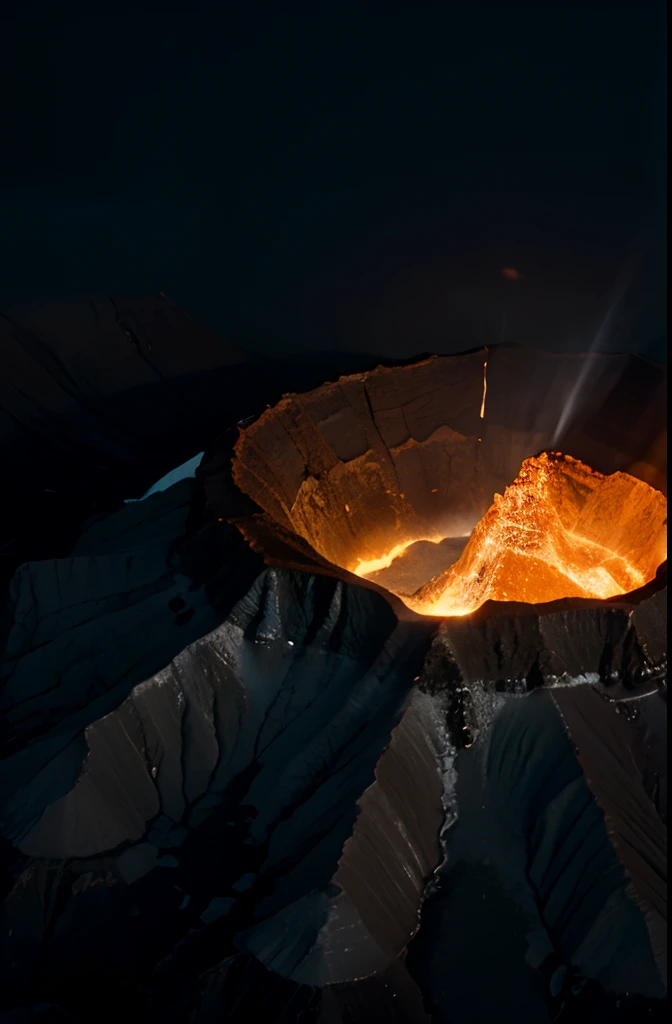 a house in the center of volcano. close up top view, ultra HD, details, lighting, 8k