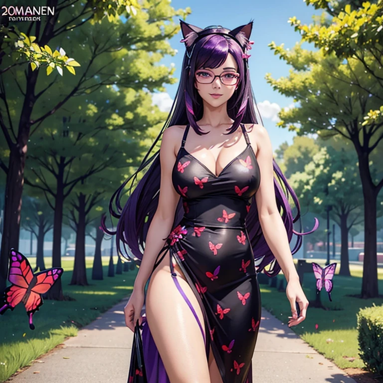 Only one woman , There's an adult woman in a park, wearing summer red dress (butterflies pattern),  shiny skin, cat ears,, Dark purple hair, black hair and purple streaks, cat ears on head,  glasses , beautiful chest, Second life avatar, Beautiful screenshot, Second life,, full body view, Front view, seductive woman, high quality, Very detailed skin