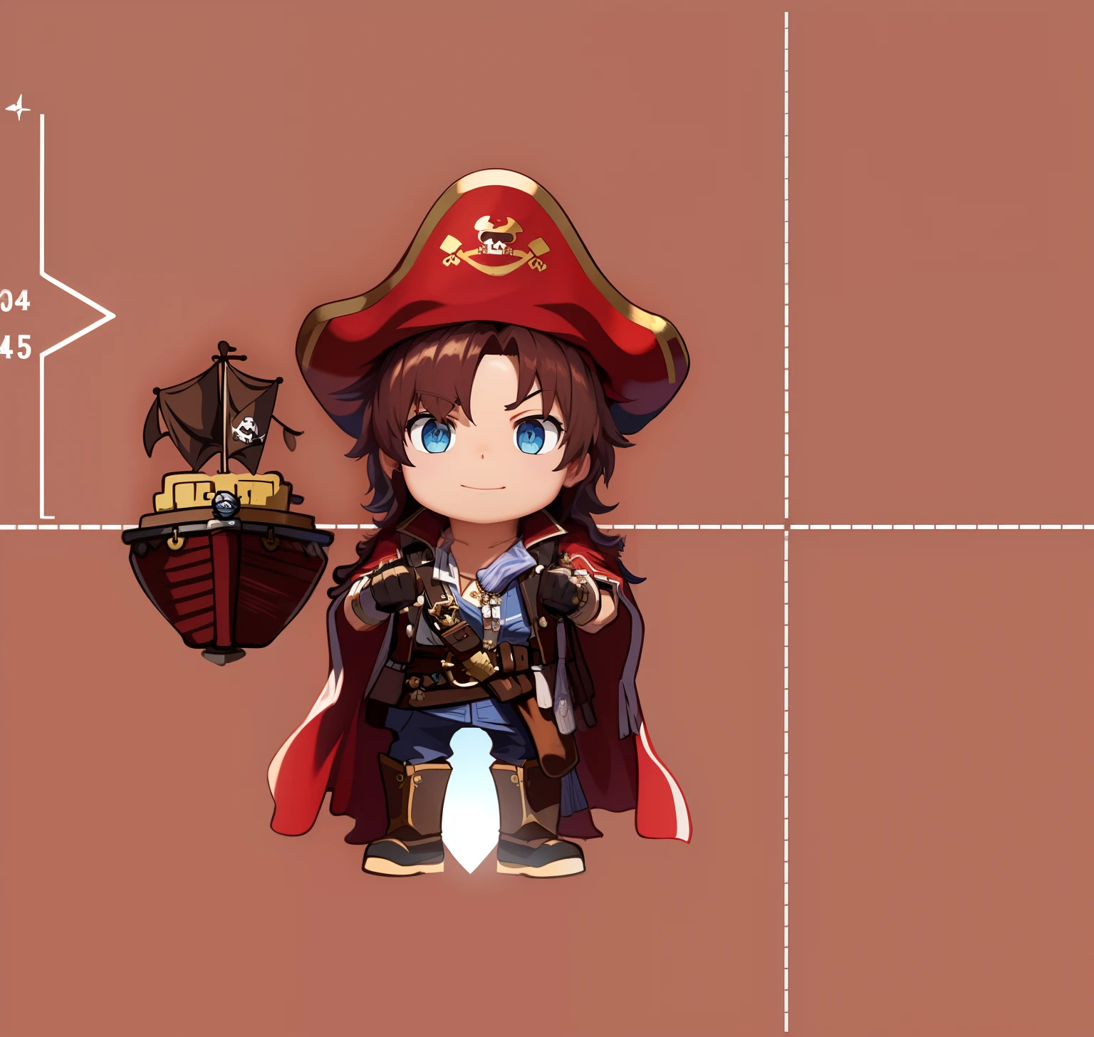 (Best quality,4K,8K,A high resolution,Masterpiece:1.2),Ultra-detailed,(Realistic,Photorealistic,photo-realistic:1.37),Cartoon pirates,Wearing a blue cape "Pirate" theme,Pirate King,pirate,breitling,pirate,pirate setting,Maplestory character art,,Red Wall,Pirate flag,MapleStory,High-quality character design,MapleStory style,Pseudo-pirate-class pirates,Pirate outfit