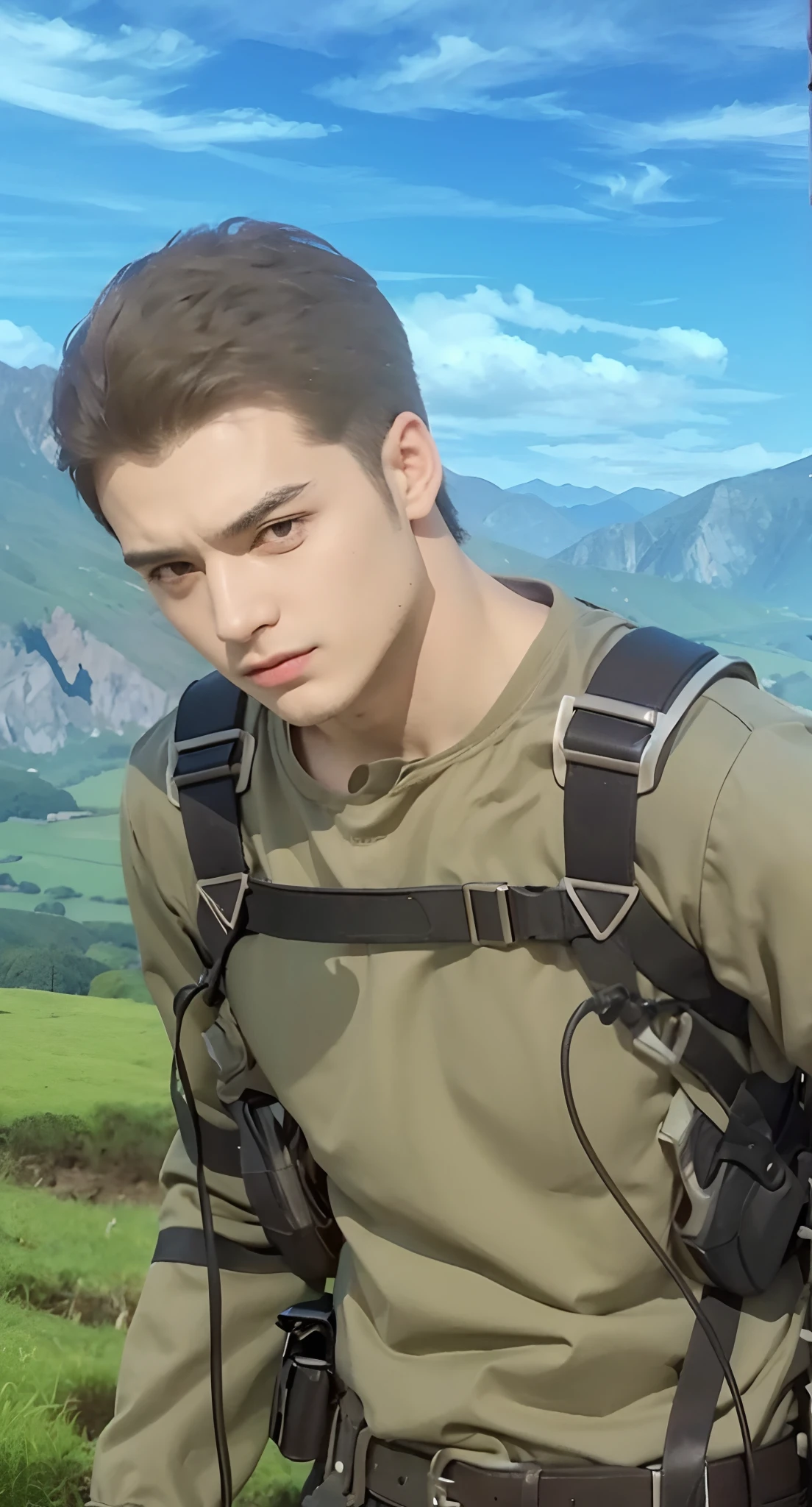 Real life adaption of this character, handsome face,realistic same hair, (realistic same outfit), realistic same background , realistic light, realistic shadow, realism, hyper realistic,(photorealistic:1.2)