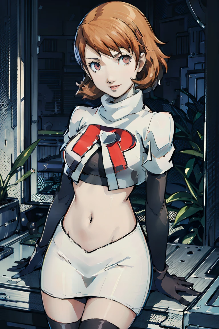 takeba_yukari (Persona 3) ,brown hair, team rocket, team rocket uniform, red letter R, white skirt, white crop top, black thigh-high boots, black elbow gloves, evil sinister smile