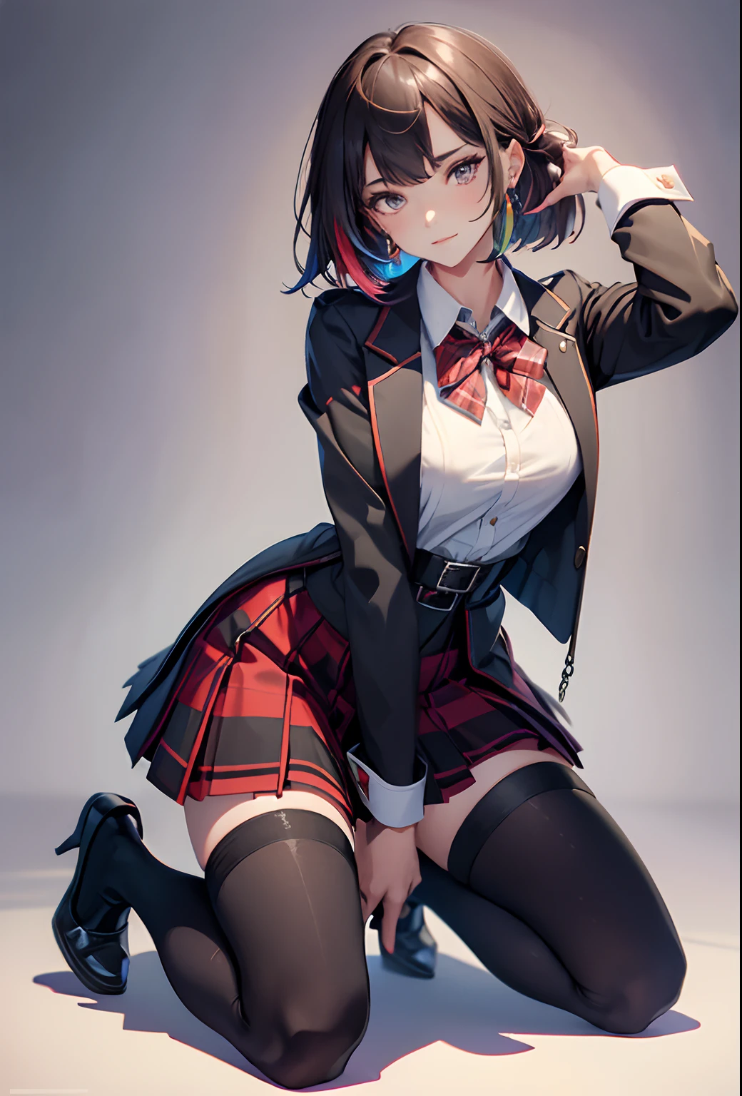 best qualtiy，tmasterpiece，Ultimate Resolution，downy，highly colorful，mature pretty woman，（JK school uniform），neck bowtie，plaid skirts，（Beauty cut off her head），Normal posture，red rip，（Kneeling Pose）（Pointing at you in the ass），shackle，decapitate，Collar，，Mary Jane shoes，Normal posture