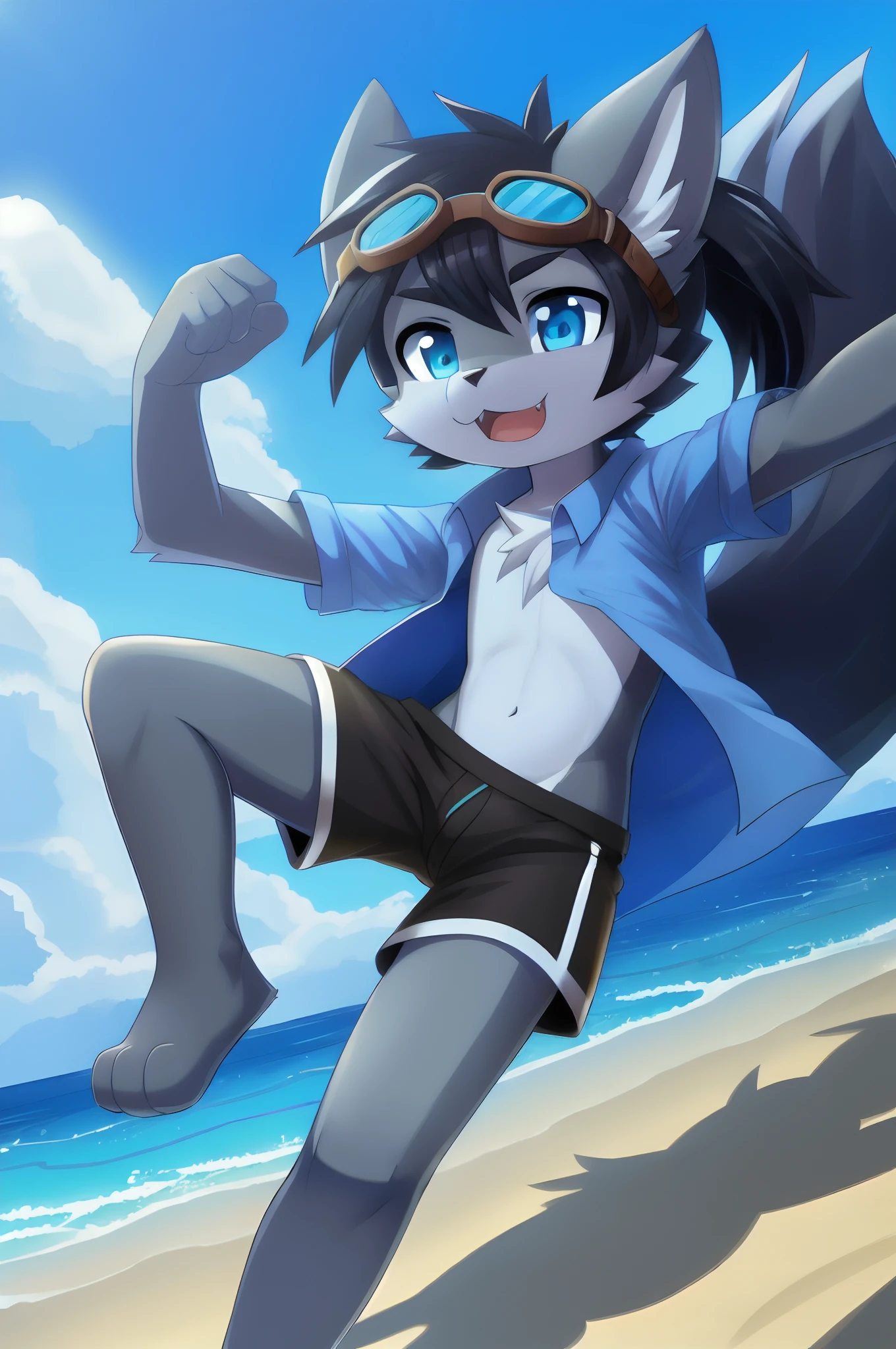 Furry shota, Young, wolf, black hair, long spiky ponytail, blue eyes, detailed body fur, blue hawaiian shirt, open clothes, black swim trunks, goggles, masterpiece, looking at you, fangs, clear grey body fur, detailed face, big eyebrows, detailed eyes, detailed body, detailed body fur, detailed hands, flat body, glistering body, shiny body, skinny, beach, clear sky, sassy face, :3, open mouth, perfect lighting, perfect shadows, perfect eyes, perfect hair, perfect face, gorgeous body, full body, feets whit three toes, action pose, ice magic arround her,