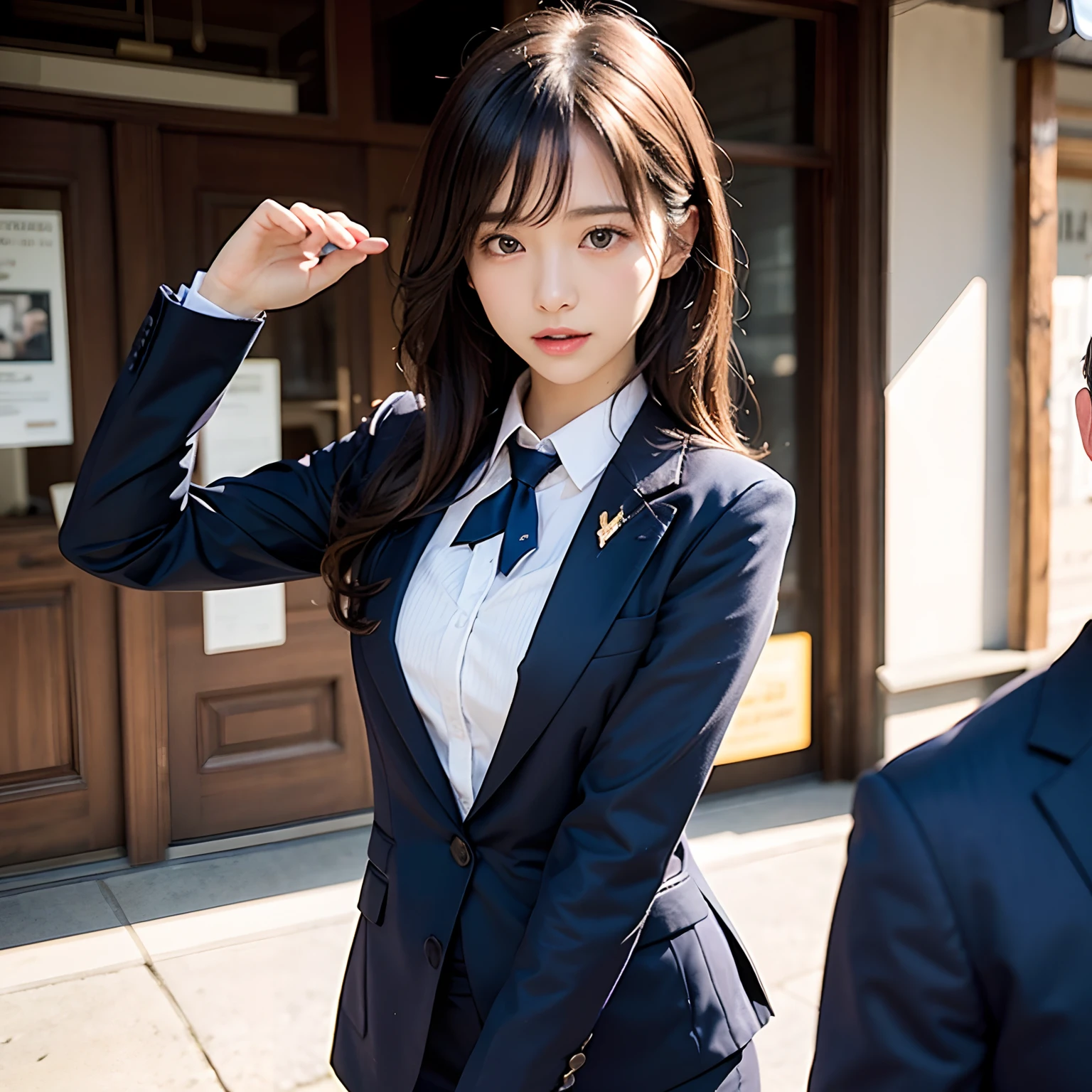 (masutepiece, Best Quality:1.2), 8K, Official art, Full body photo, full body Esbian、Emma fastening her tie.Back angle、turned around、cute butt、Suits、Embarrassing black hair、years、small tits、Happy、unbelievable Ridiculous, (Upper body, Dark blue suit:1.4), Beautiful Girl, Pretty Face, arching back down, cute panty、Gold hair ornament on hair、Wearing a cute suit、close up, Wearing a suit, Short sleeve, gardenia, violaceaess, Teen, Street, Looking at Viewer, Film grain, chromatic abberation, Sharp Focus, face lights, Dynamic lighting, Cinematic lighting, Eyes and faces with detailed, Bokeh background, (Tie with Emma written on it、1 copy:1.2)