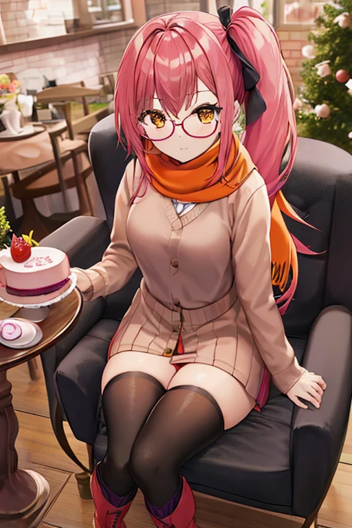 Full body girl with pink colored hair, side ponytail, long hair, orange eyes, wearing winter clothes, skirt, a hair ribbon, glasses, an orange scarf, black thighhighs and boots, sitting on a chair in front of a table with a cake on top