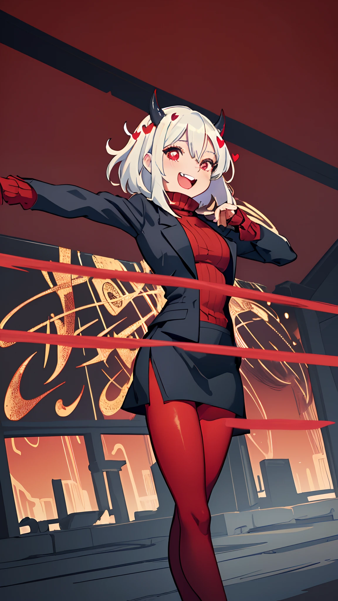 (masterpiece, best quality:1.2), cowboy shot, solo, 1girl, htmodeus, laughing, happy, open mouth, looking at viewer, white medium short hair, black horns, daemon tail, heart-shaped pupils, formal, black jacket, red sweater, turtleneck, sleeves past wrists, black skirt, red pantyhose