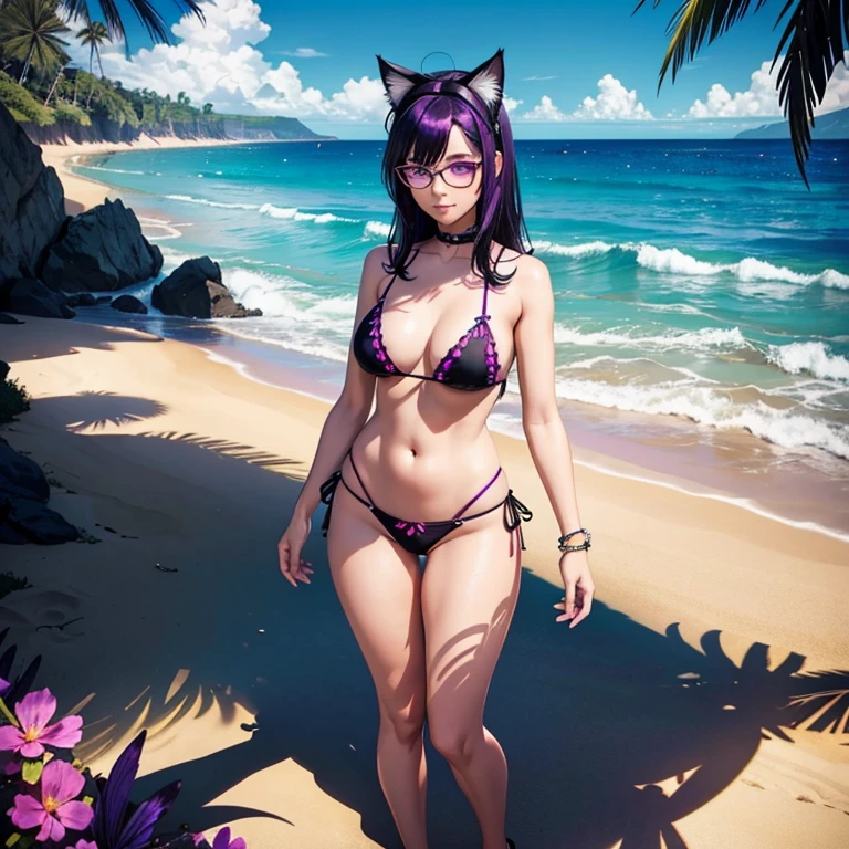 Only one woman , There's an adult woman at beach, black bikini with butterfly patterns, string panty,   shiny skin, cat ears,, Dark purple hair, black hair and purple streaks, cat ears on head,  glasses , beautiful chest, Second life avatar, Beautiful screenshot, Second life,, full body view, Front view, seductive woman, high quality, Very detailed skin