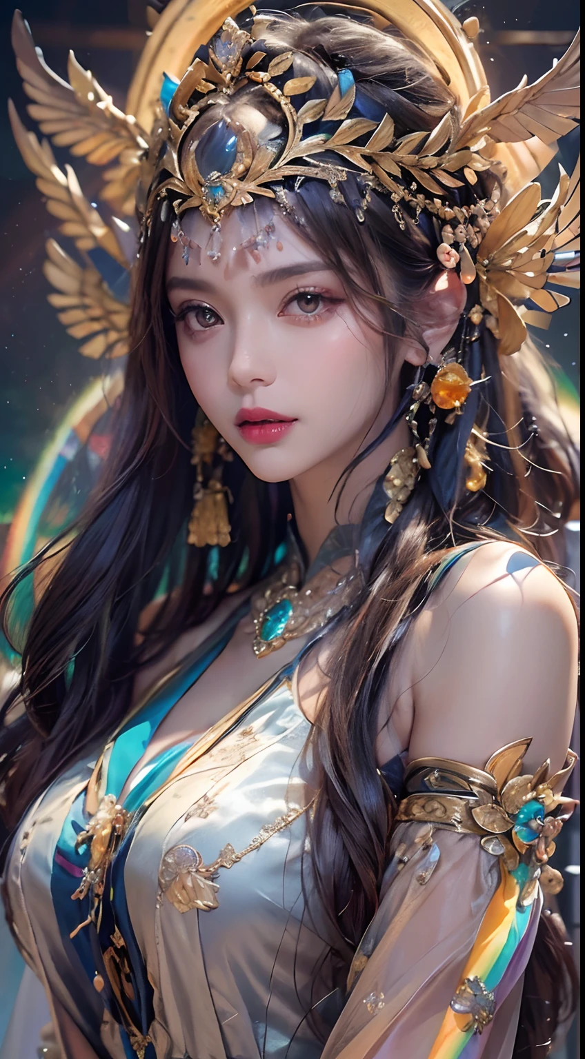 1 goddess of the zodiac from the future, wear the ao dai of the goddess of the zodiac to cover her chest, the goddess of the zodiac wears a bright yellow gold bodice, the goddess radiates a bright pink purple zodiac aura, the stars have the shape of the 12 zodiac signs, the goddess of the zodiac wearing a golden zodiac ao dai with many black details, the mythical goddess of the 12 zodiacs from the future, Zodiac sign ♏, zodiac style, dark and mystic version, Plump boobs, Red lips are balanced and very beautiful, character by karol bak and pino daeni, intricate details, detailed background, many object of background, extra highly detailed, magic lighting, a woman, clearly drawn face, beautiful face and symmetry eyes, big round eyes and very beautiful and detailed makeup, distant focus, silk clothing, mystic adornment, upper body portrait, arms loose, Realistic and vivid photo, (stars that make up the zodiac: 1.7), (zodiac sky background and fantasy portal of space and time: 1.8 ), fiction art, RAW images, style fantasy hanfu, long sleeves that cover 2 hands, 2 outstretched arms,