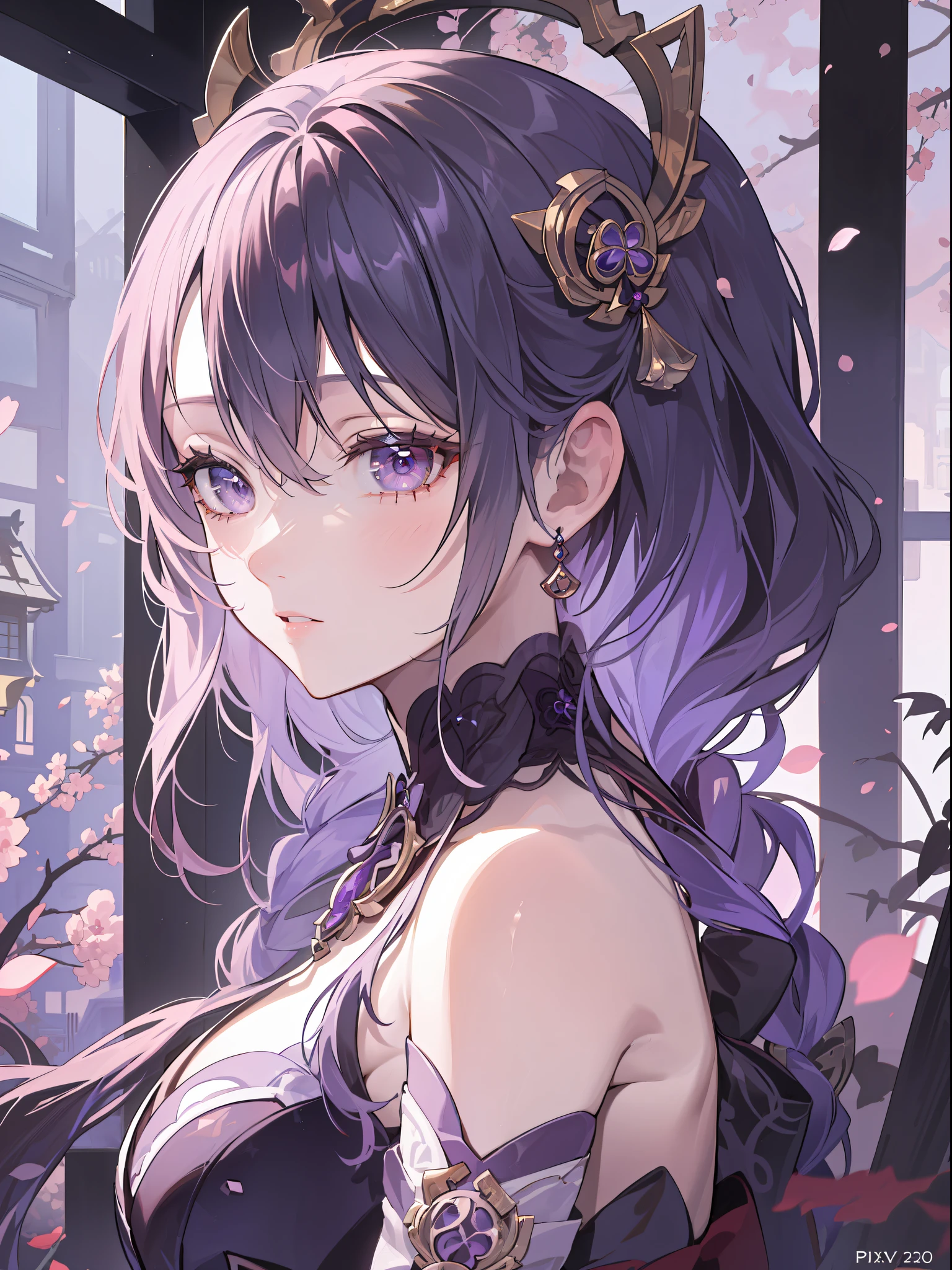 Anime girl with a captivating aura, adorned in a purple outfit, boasting striking purple eyes and distinctive purple hair reminiscent of Akasuki Voidstar - the masterpiece creation of Hajime Yatate, the enigmatic author known for his Anime mo art style. In this portrait, the image of Ayaka from Genshin Impact stands, exuding an [[[[Evil smile]]]], a hint at her enigmatic character as an Image of Zodiac Girl Knights from the Kicking clan. The background, rich in intricate details and shades of purple, evokes the essence of the onmyoji world.