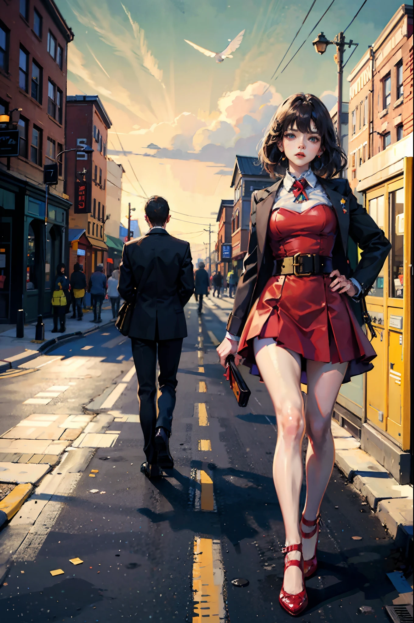 Giantess Women in ballet flats walk on sidewalk, little men on the path trampled