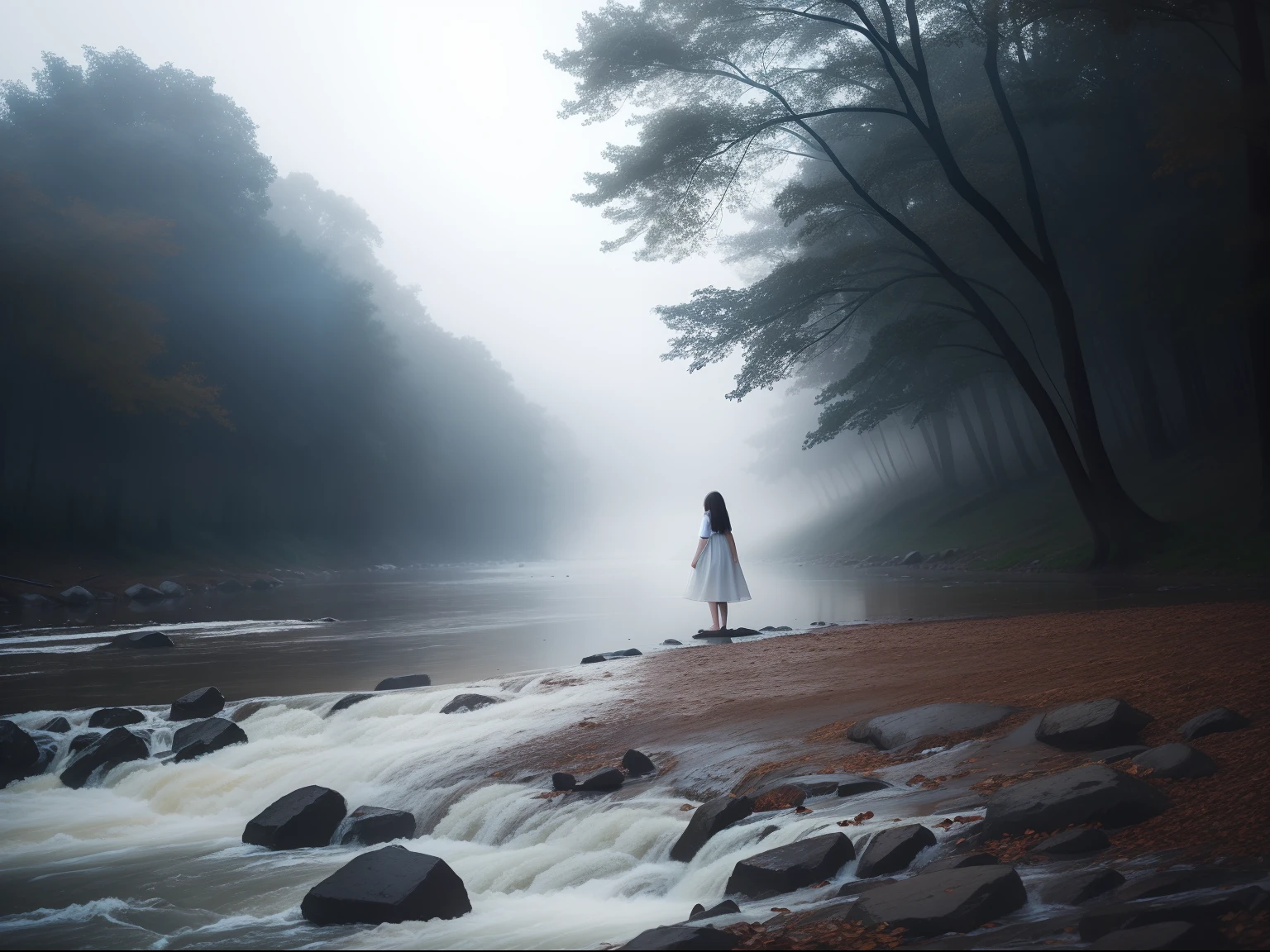River, Girl in white dress, Warm light, Night, Fog