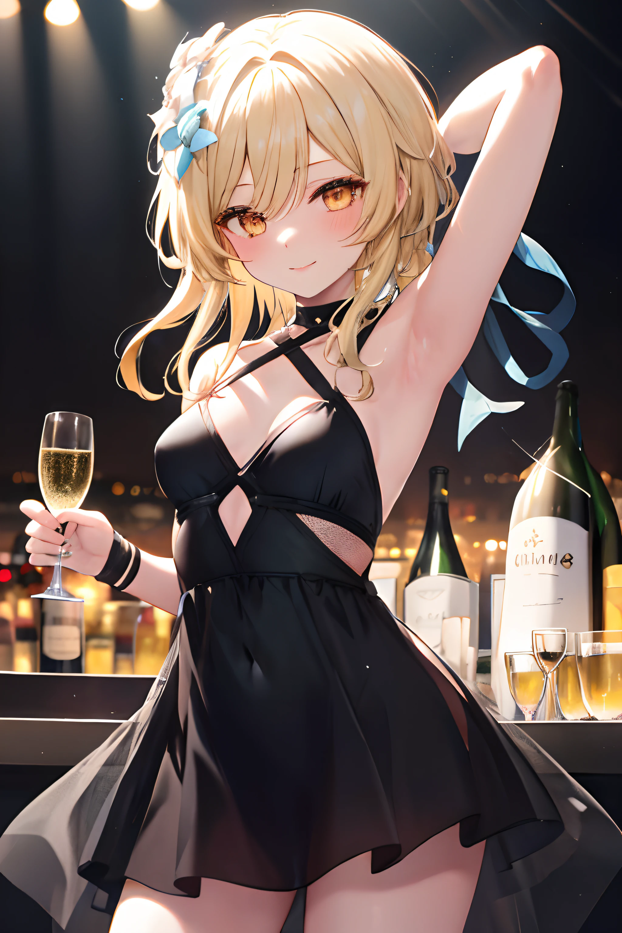 1girl, Lumine, black_dress, minidress, black_choker, sultry_smile, blonde_hair, clubbing, club_background, holding_champagne_glass, armpit, small_breasts, masterpiece, best_quality