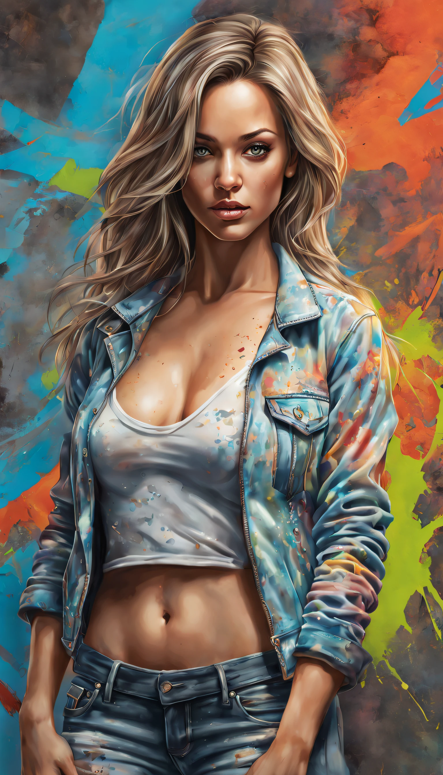 Acid wash effect, beautiful woman, mid body, perfect anatomy, centered, approaching perfection, dynamic, highly detailed, UHD, concept art, smooth, sharp focus, illustration, graffiti airbrushing techniques, high definition, accent lighting, contrasted with bright paint colors