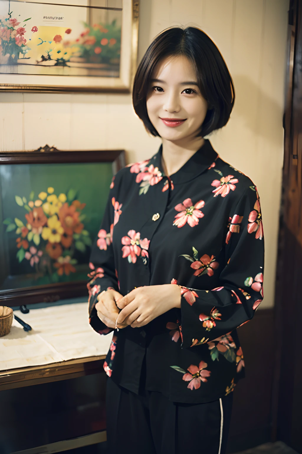 93
(a 20 yo woman,is standing), (A hyper-realistic), (masutepiece), ((short-hair:1.46)), (Smooth black hair), wear long pants, (Wearing a long-sleeved shirt with a floral print), (painterly、picture frame), (Gentle smile), (Keep your mouth shut)