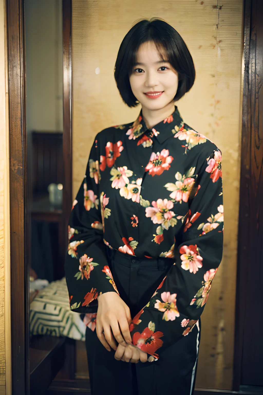 93
(a 20 yo woman,is standing), (A hyper-realistic), (masutepiece), ((short-hair:1.46)), (Smooth black hair), wear long pants, (Wearing a long-sleeved shirt with a floral print), (painterly、picture frame), (Gentle smile), (Keep your mouth shut)