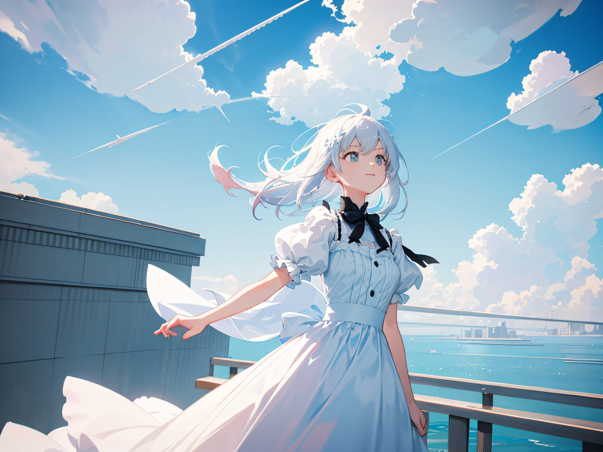 masutepiece, Best Quality, Still a movie, 1girl in, Floating in the sky, Girl Cloud, cloud, Bright, Happy, Fun, Soft lighting, (Bauhaus, shapes, lines)