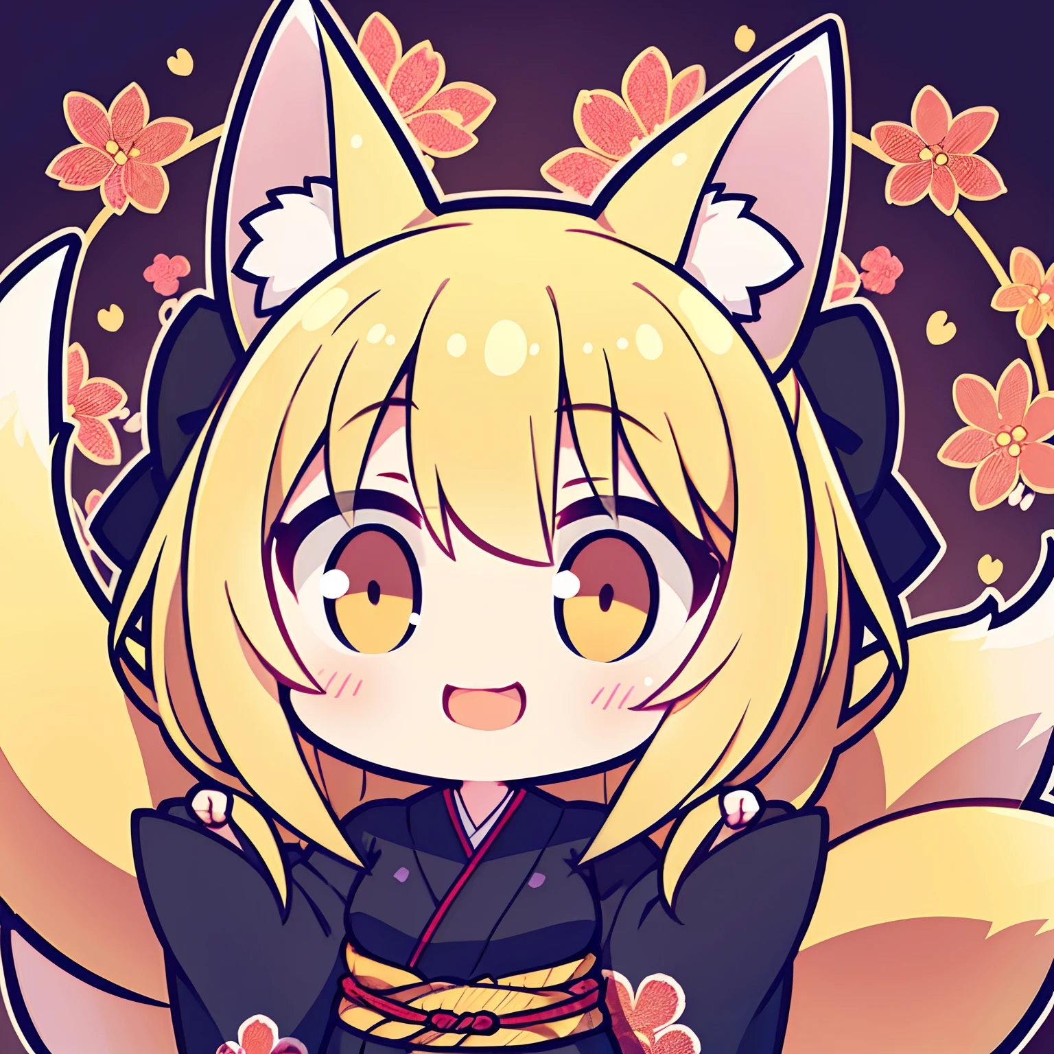 Illustration, Golden Fox、Lots of Tails、Golden Eyes、length hair、Golden hair、a large amount of hair、(1 girl in, Girl,Chiquita),Traditional kimono,Black kimono,a lot of big fox tails、(Golden Eyes、Fox ears、length hair、Golden hair,Hair flowing in the wind),Beautiful face、a large amount of hair、Thick kimono、Black kimono、Plum floral pattern、Overlapping kimonos,Deformed,Chibi Chara,SDIZATION,kawaii,Black background,Don't draw anything on the background,(No text),A smile