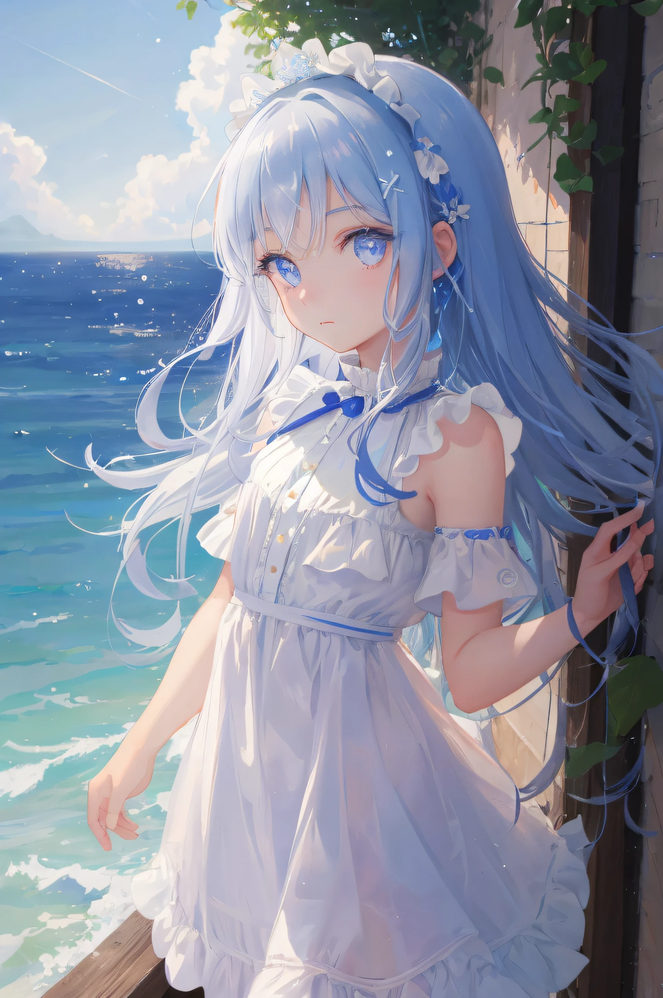 art by Cornflower, dready (A petite girl with beautiful delicate eyes.) The depth of field in the photo is perfect, and the lens flare adds a nice touch. The delicate detail on her face really stands out, scoring for this photo that is definitely greater than 10. In the background is a beautiful ocean with crystal clear water and water droplets on the surface. This is a stunning photo that really captures the beauty of the girl and the water. )
