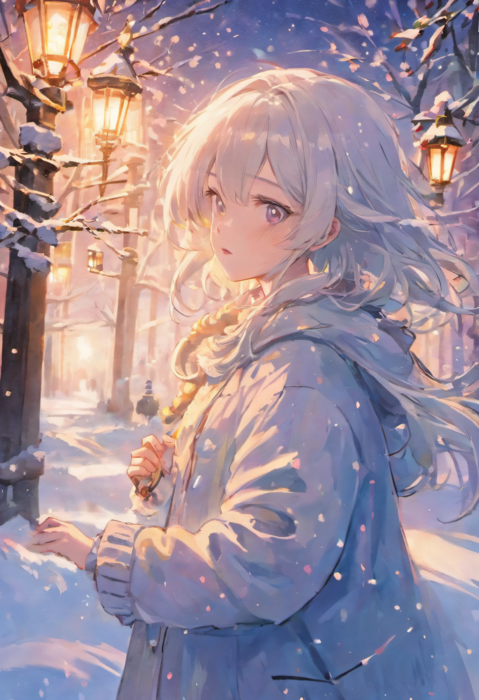Romantic snowflakes fluttering in the wind,Girl in the Snow,Light white and silver design,Pay attention to the texture of the skin and flowers,Sony FE 12-24mm F/2.8 grams,Impressionist Garden,Proficient in calligraphy,Environmentally friendly craftsmanship,Explore brush strokes