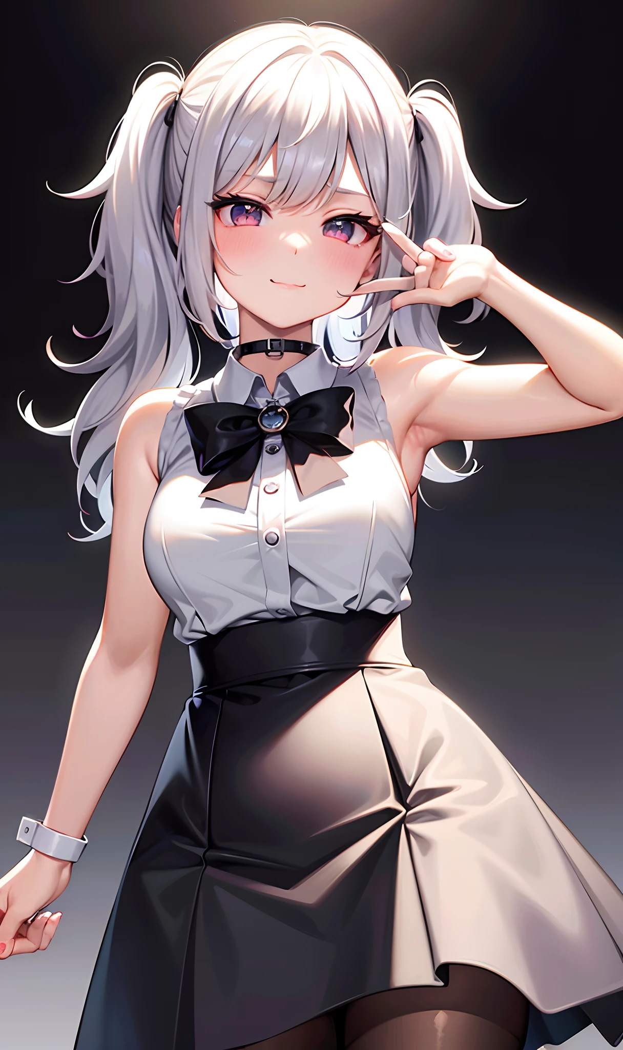 best quality, ultra high res, 1girl, sleeveless white button shirt, black skirt, black choker, cute, (Jpop idol), (aegyo sal:1), (platinum blonde hair:1), ((puffy eyes)), looking at viewer, full body, facing front, sexy, blushing, shy, (Face Ultra High Quality)