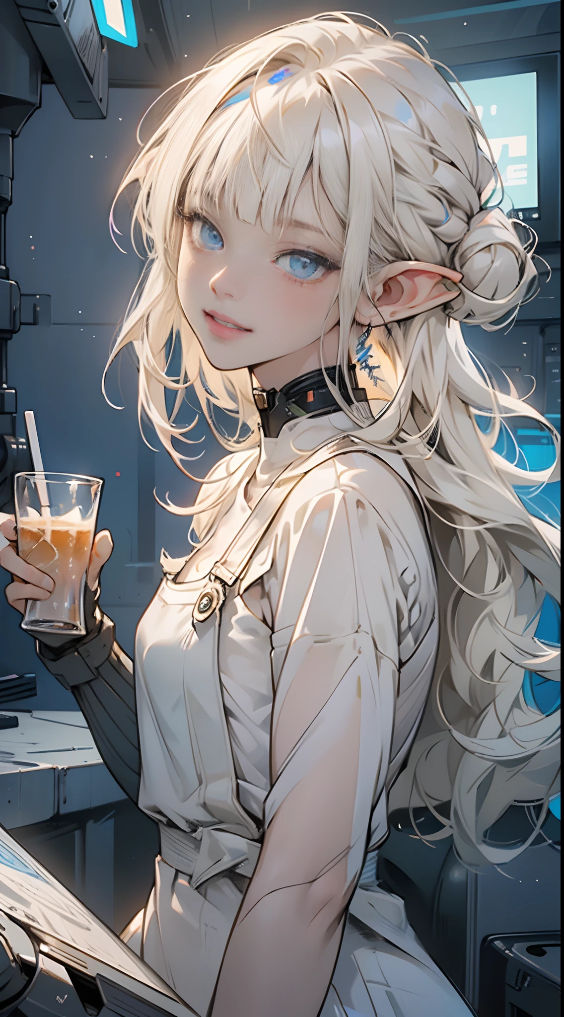 (1elf girl), (beauty elf girl), ((ultra-high picture quality)), masterpieces, A whimsical illustration captures the serene ambiance of a morning at the cafe, where a contented elf enjoys a moment of repose, engrossed in sipping a delicious cup of coffee, while fluffy clouds drift across the sky, casting a gentle glow upon the scene. perfect body, overalls, light smile, fresh, messy, (asymmetrical bangs:1.3), TopKnot hair, highly detailed face and eyes, Perfect lips, (white blonde hair, Deep Blue Eyes:1.2), cyberpunk, sci-fi, tech wear, digital art, Aesthetic, cinematic Lightning, by Yusuke Murata.