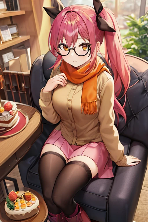 Full body girl with pink colored hair, side ponytail, long hair, orange eyes, wearing winter clothes, skirt, a hair ribbon, glasses, an orange scarf, black thighhighs and boots, sitting on a chair in front of a table with a cake on top