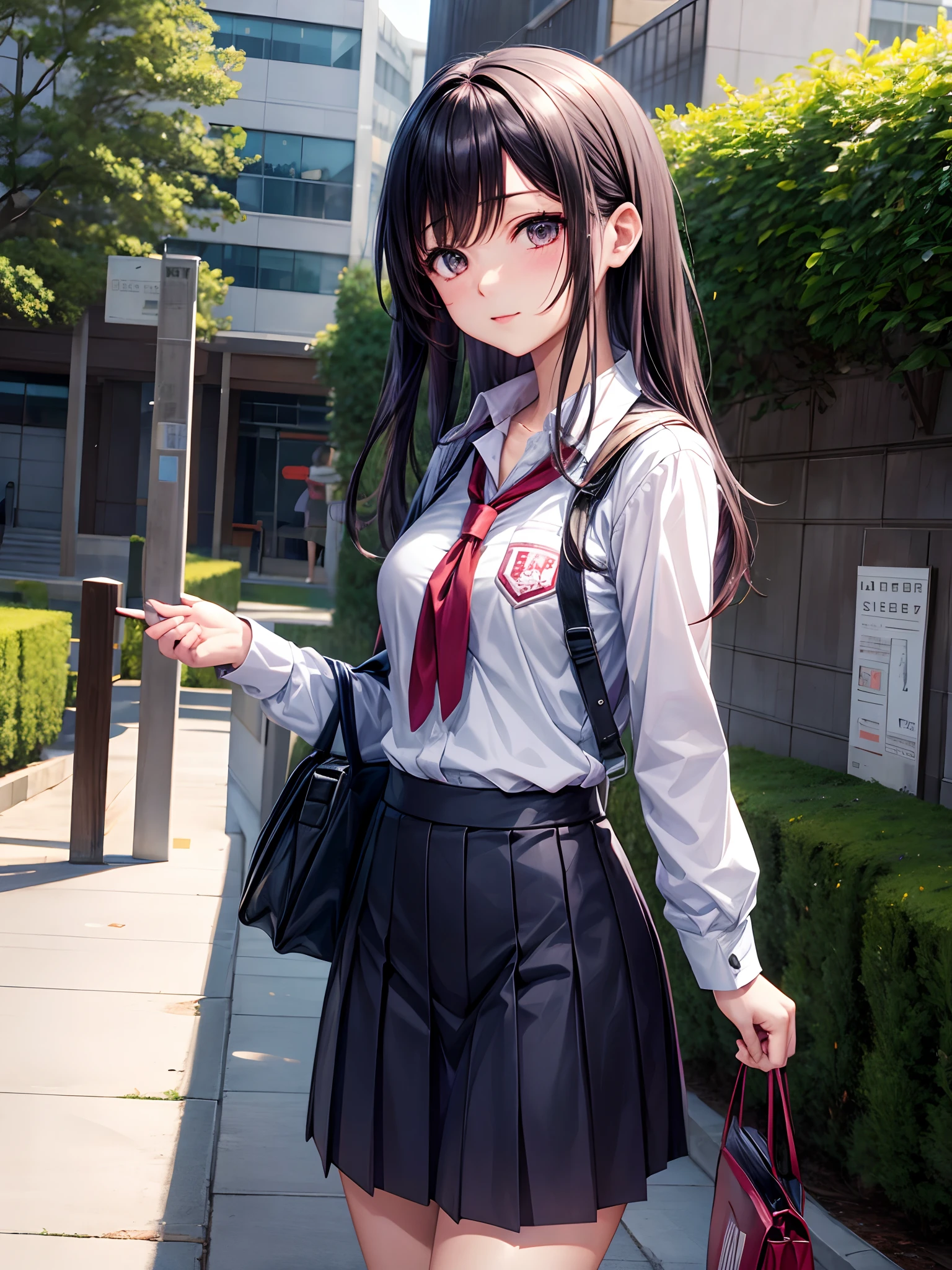 Yukino yukinoshita, long hair, cleavage, navel, slim legs, black hair, blue eyes, short skirt, thigh high socks, teen, happy, school uniform, park, Belly