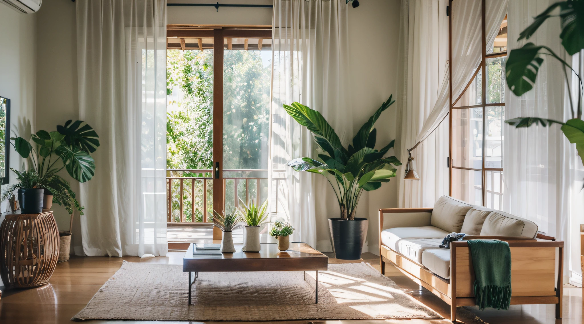 This is a living room where modern minimalist style blends with Southeast Asian culture. Clean lines combined with natural materials create a pleasant and relaxing atmosphere. Bright light streams in through the gauze curtain, casting the silhouette of greenery. The soft sofas and meticulous hand-woven carpets make you feel a different kind of comfort. Whether it's spending fun time with family or catching up with friends, this elegant space offers endless surprises and comfort. ，masterpiece, best quality，8k, ultra highres，