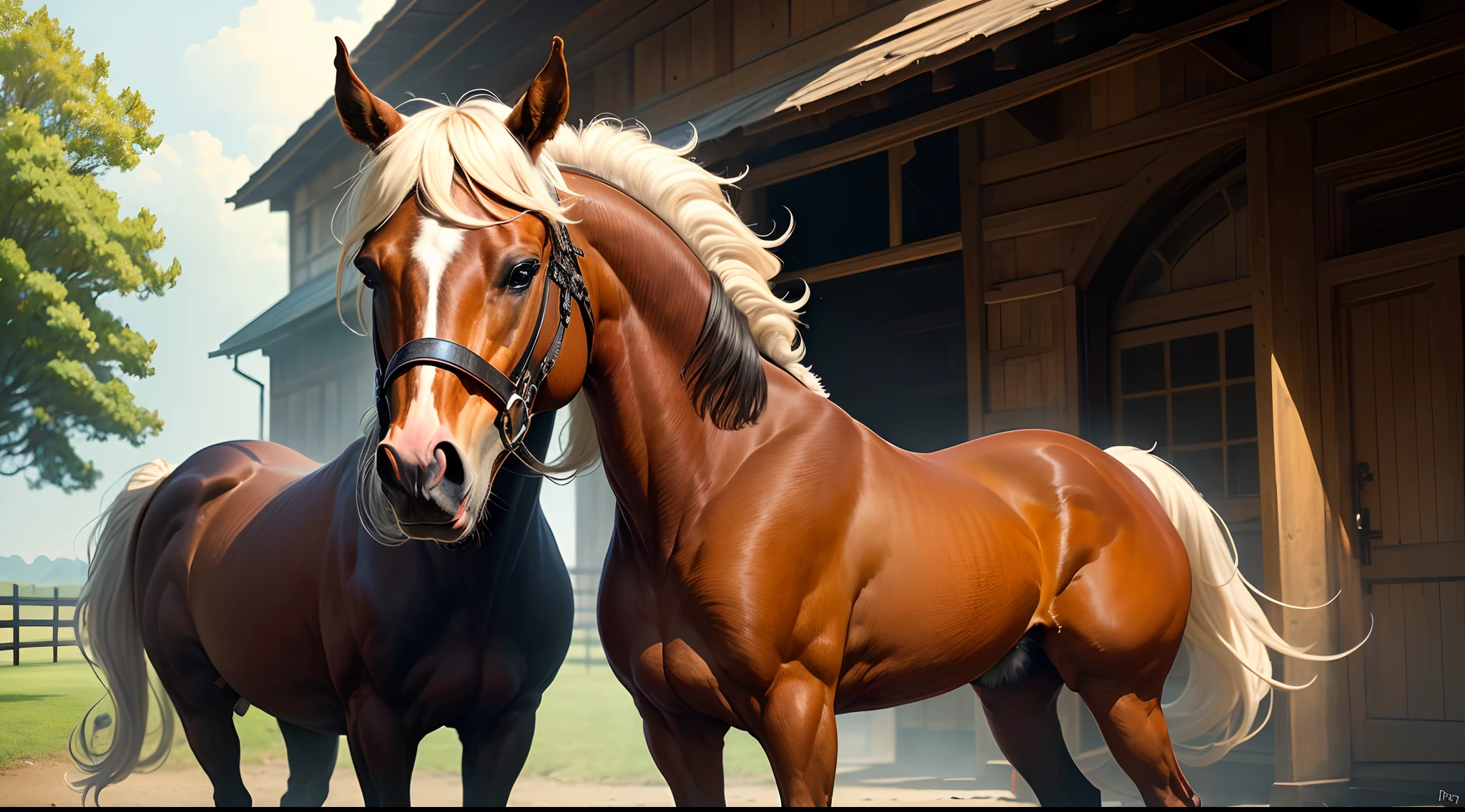 centaur, young, stable ranch, male, male chubby, big hooves, bright white fur, white hair centaur, man , anatomically correct centaur, docked tail, human face, human nose, human eyes, wide equine hips, thick thighs, male, raised tail, anatomically correct cock, cock sheath, holding the tail, epic skin, epic fur, hyperrealistic, hyperrealistic skin human, hyperrealistic skin, hyperrealistic human nose, hyperrealistic human body