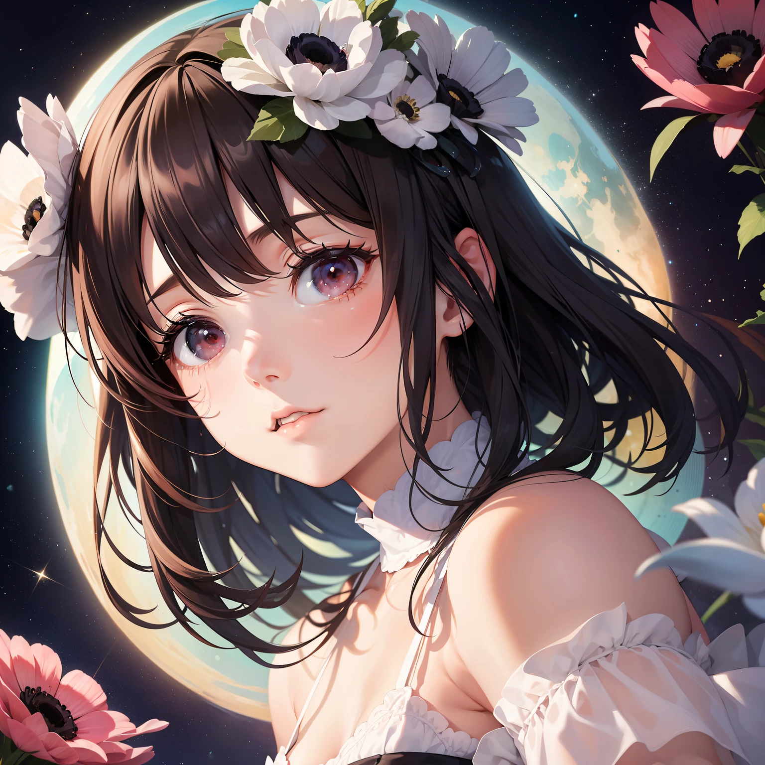 One girl is in a square full of anemones。Looking at the starry sky。