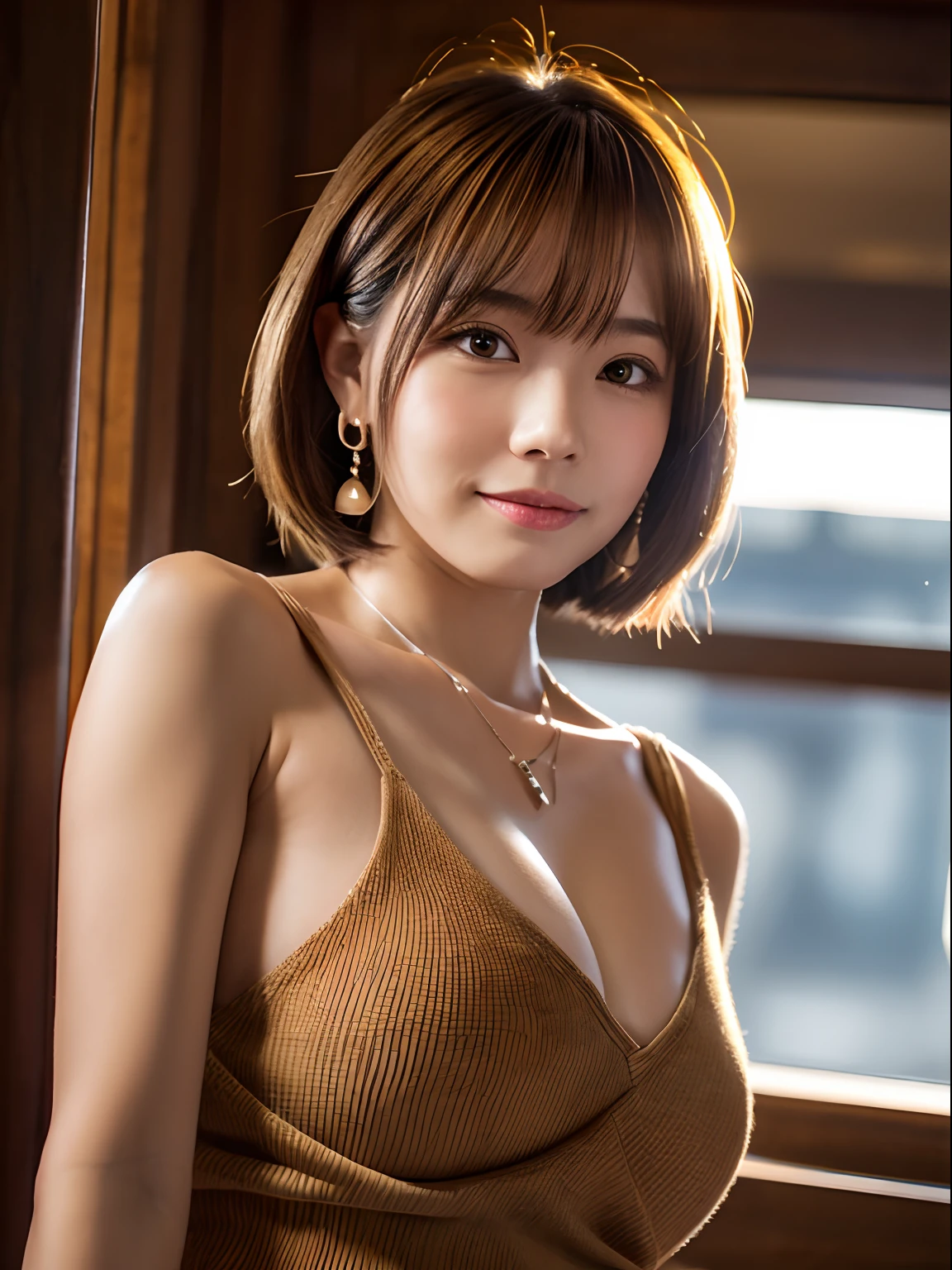 masutepiece, Best Quality, Ultra-detailed, kawaii, Cute, lovely, Sexy, Ero, Extremely detailed, 4K, 8K, Best Quality, Beautiful, Realistic, Real, from below looking up, Office, evening, , Solo, loli face and big boobs, Suit, office lady, Secretary, (Bottomless), Beautiful light brown hair, Beautiful eyes, Short hair, earrings, lightsmile, blush, Lens Flare, Cowboy Shot