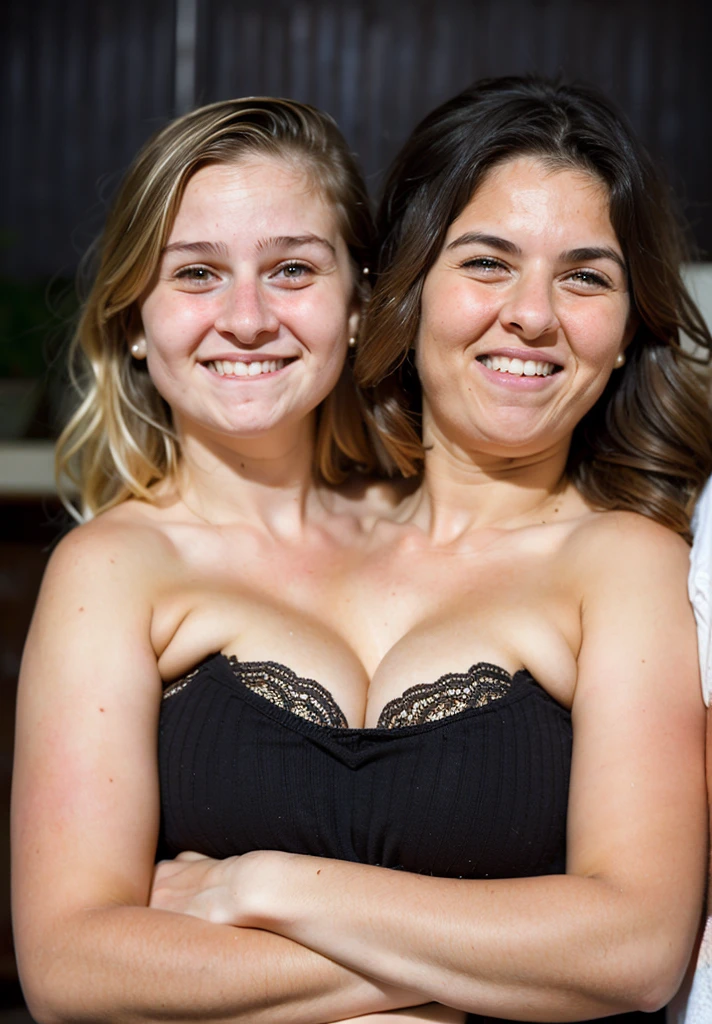 Two headed girl, (14 year old daughter next to her 35 year old mom:1.5), (uncomfortable:1.5), (blonde:1.1)