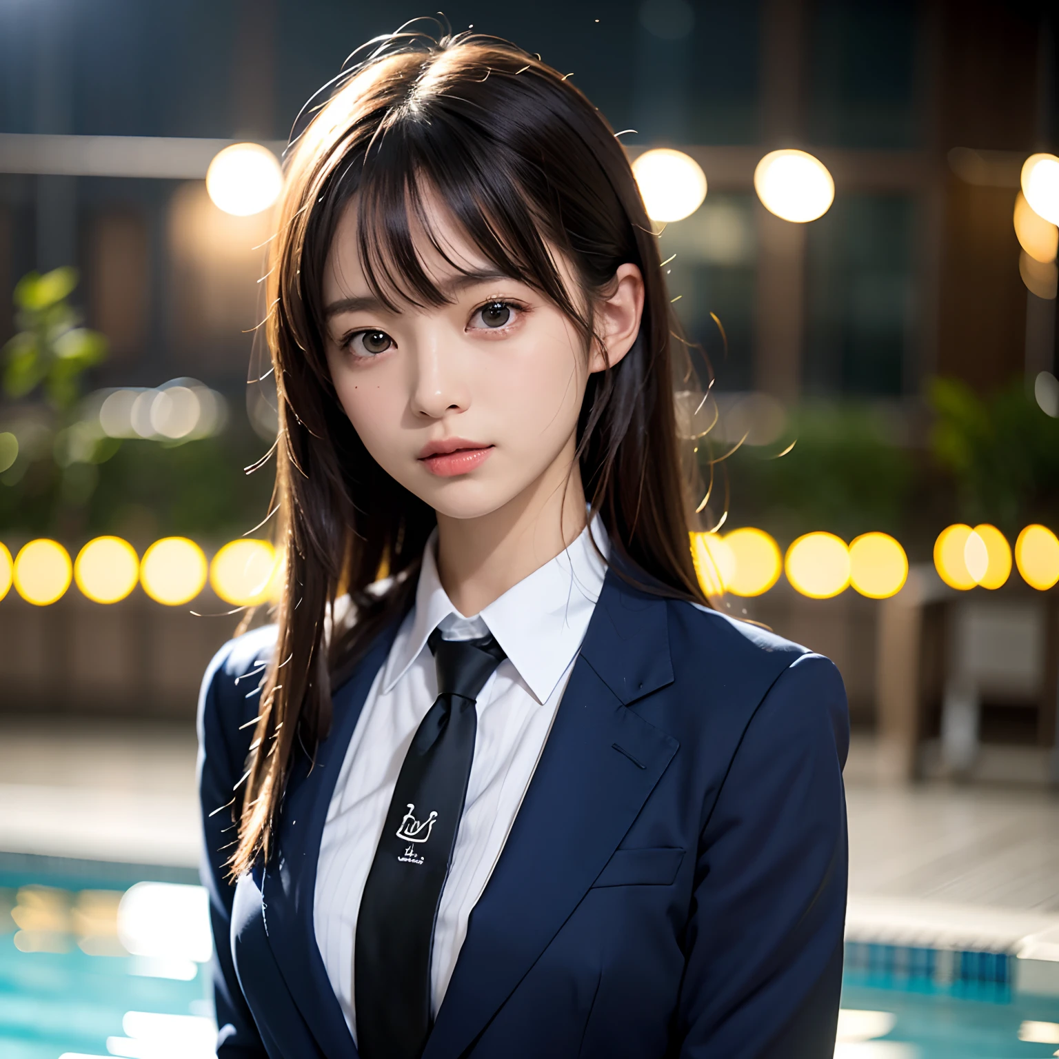(masutepiece, Best Quality:1.2), 8K, Official art, Full body photo, full body Esbian、Fasten your tie、in poolside、turned around、Suits、Embarrassing black hair、14years、small tits、Happy、unbelievable Ridiculous, (Upper body, Dark blue suit:1.4), Beautiful Girl, Pretty Face, arching back down, cute panty、Gold hair ornament on hair、Wearing a cute suit、close up, Wearing a suit, Short sleeve, gardenia, violaceaess, Teen, Poolside, Looking at Viewer, Film grain, chromatic abberation, Sharp Focus, face lights, Dynamic lighting, Cinematic lighting, Eyes and faces with detailed, Bokeh background, (Tie with Emma written on it、1 copy:1.2)