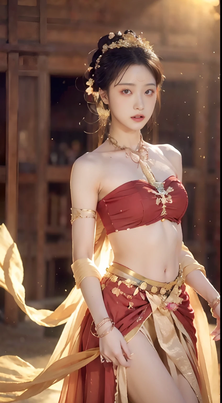 (8k, RAW photo, best quality, tmasterpiece:1.2), (realistic, photo-realistic:1.4), (Extremely detailed CG unity 8k wallpaper), (1 girl:1.5),Beauty of the Western Regions,(Red clothes:1.4),There are red spots on the forehead,Pale skin,Blushlush,largeeyes,full bodyesbian,upper legs,Open navel,Gold-tone waist chain,golden ornaments,Flying ribbons,Particle,Ancient buildings are in the background,,dance, dunhuang_dress, dunhuang_style,