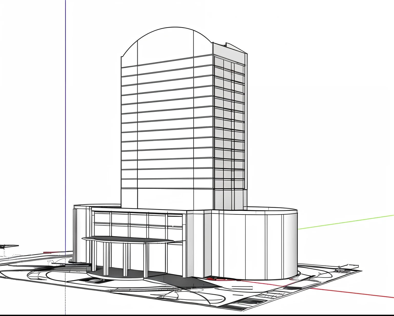 A drawing of a high-rise building，There is a clock on it, low angle dimetric rendering, Detailed rendering, mid view, Front perspective, Perspective view, up front view, an extremely detailed building, sharp hq rendering, elevation view, orthographic 3d rendering, with 3 d render, realistic building, with 3d render, Renders, cinematic architectural scale