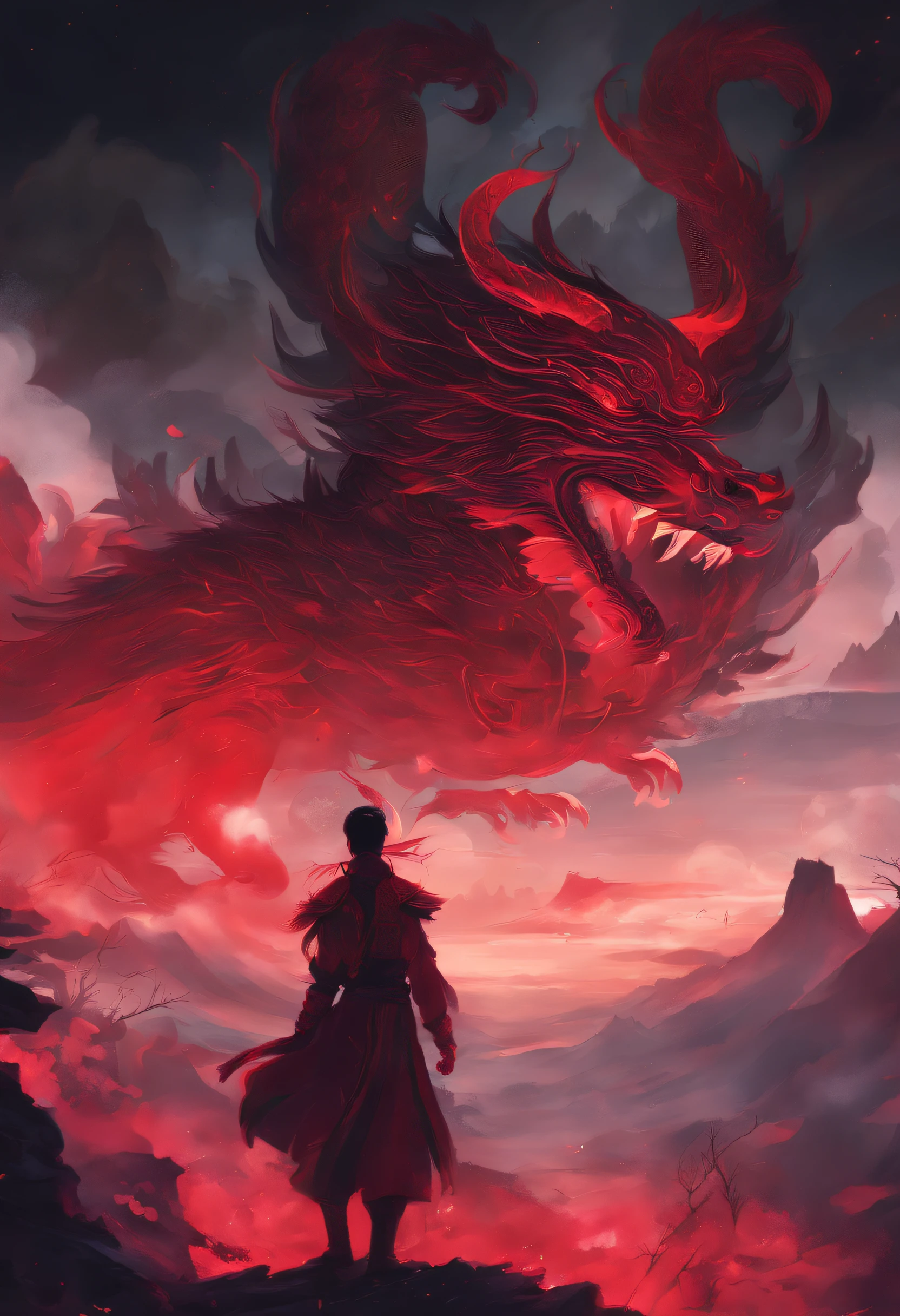 china style，Chinese mythology，drak，tosen，Fierce，immensity，Very long canines, Eyes glow red，Luminous effect，High hills，Cloud，it is night