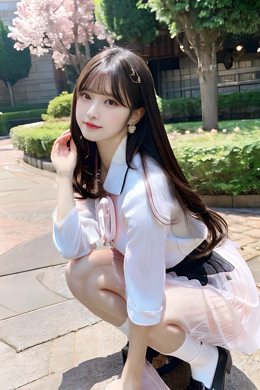 yuzuki yukari, yuzuki yukari, Stereoscopic feeling, 3d, Stereoscopic feeling, full body, looking at viewers, legs, squatting, beautiful detailed fullbody, neat figure, Beautiful detailed girl, 20 years old, lowing long hair, short hair with long locks, Air bangs, long bangs between eyes, hair over shoulder, hair intakes, detailed black hair, hair fluttering in the wind, beautiful detailed face, happy, furrowed brow, beautiful detailed deep eyes, upper teeth, delicate hands, medium breast, Bare navel, perfect and delicate limbs, black eyes, white skin, floating lab-gown, beautiful hair ornaments, earrings, doll, white dress shirt, dress shirt, translucent pink skirt, socks, overexposure, open jacket, skindentation, floral print cloth, white Clothes, outdoors, landscapes, delicate glow, sparkle, flowing transparent white, wallpaper 8k CG, wallpaper 8k CG, extremely CG,